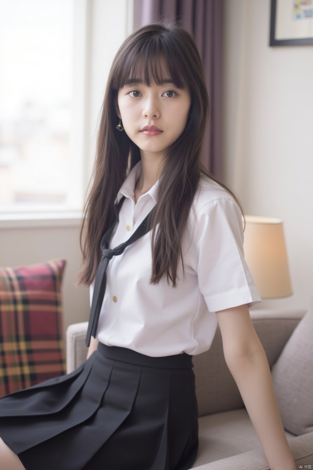 1girl, solo, long hair, breasts, looking at viewer, bangs, blue eyes, skirt, shirt, black hair, jewelry, sitting, closed mouth, school uniform, white shirt, short sleeves, pleated skirt, earrings, necktie, collared shirt, indoors, blunt bangs, black skirt, blurry, lips, pillow, plaid, window, depth of field, blurry background, plaid skirt, chair, curtains, couch, black necktie, red lips, lamp, picture frame