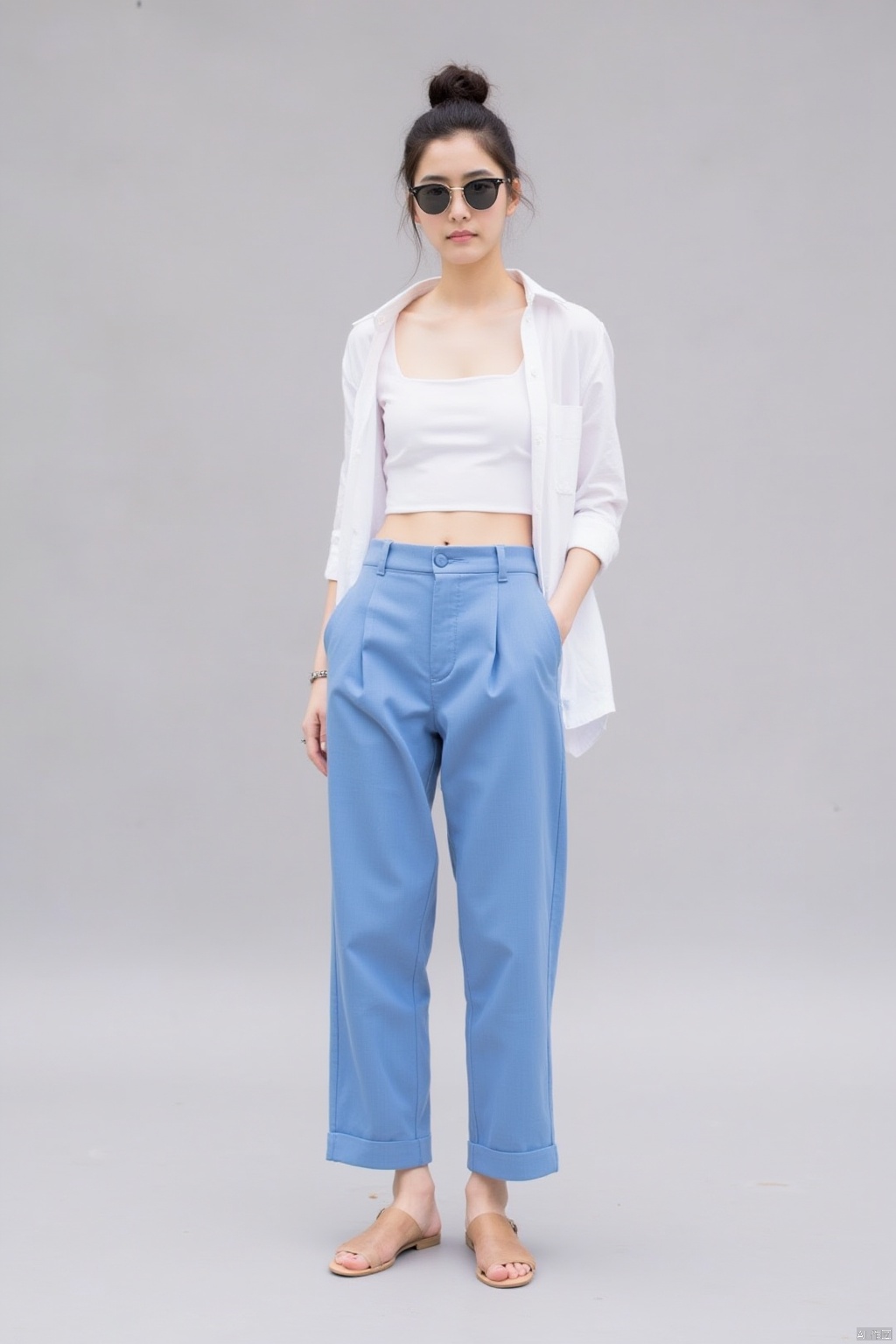 1girl, solo, shirt, black hair, standing, full body, white shirt, midriff, pants, hair bun, crop top, sandals, single hair bun, sunglasses,, blue pants, photo background