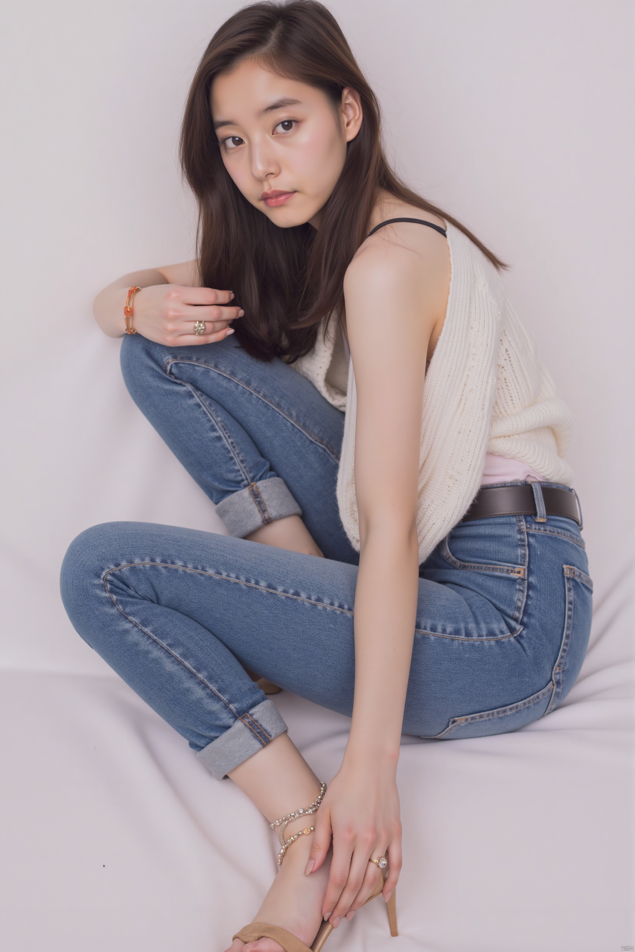 1girl, solo, long hair, looking at viewer, brown hair, black hair, jewelry, sitting, full body, parted lips, pants, high heels, bracelet, lips, arm support, sandals, denim, jeans, realistic