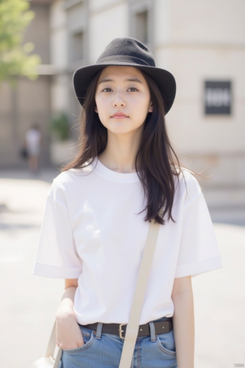 1girl, solo, long hair, looking at viewer, shirt, black hair, hat, standing, white shirt, short sleeves, cowboy shot, outdoors, parted lips, shorts, day, pants, bag, black eyes, lips, denim, t-shirt, jeans, handbag, shoulder bag, realistic