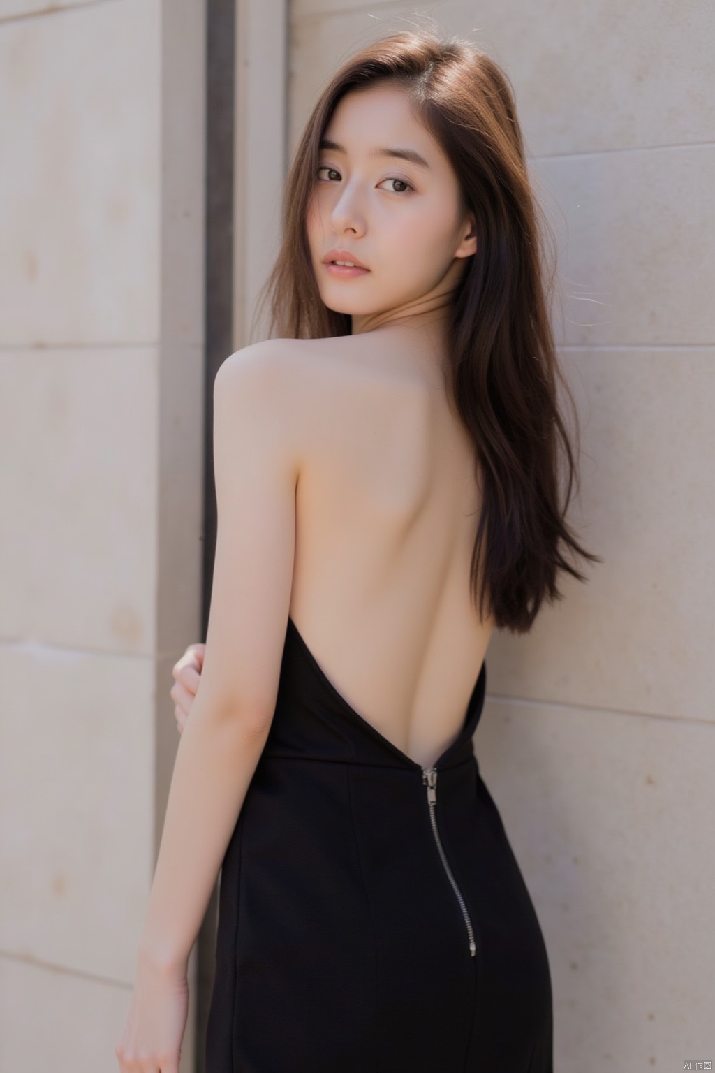1girl, solo, long hair, looking at viewer, brown hair, black hair, dress, bare shoulders, upper body, parted lips, looking back, from behind, black eyes, black dress, arm up, lips, sleeveless dress, zipper, realistic