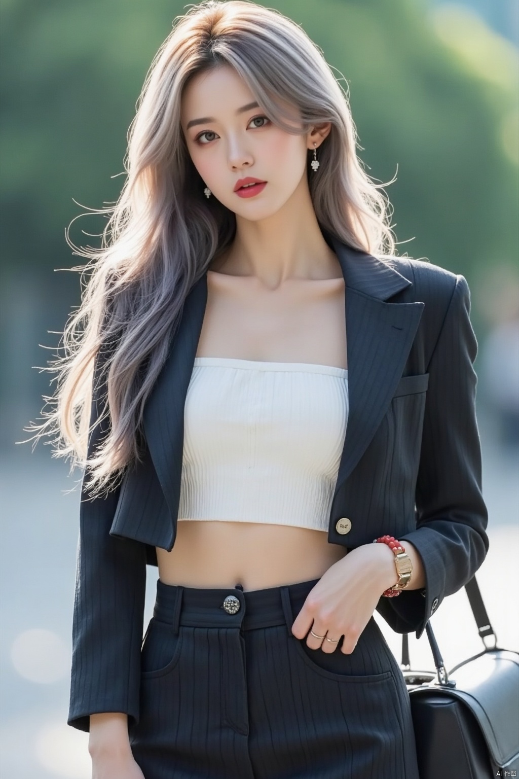 1girl, solo, long hair, looking at viewer, skirt, shirt, jewelry, jacket, white shirt, grey hair, earrings, outdoors, parted lips, midriff, striped, lips, crop top, makeup, formal, suit, lipstick, ground vehicle, watch, realistic, red lips, wristwatch