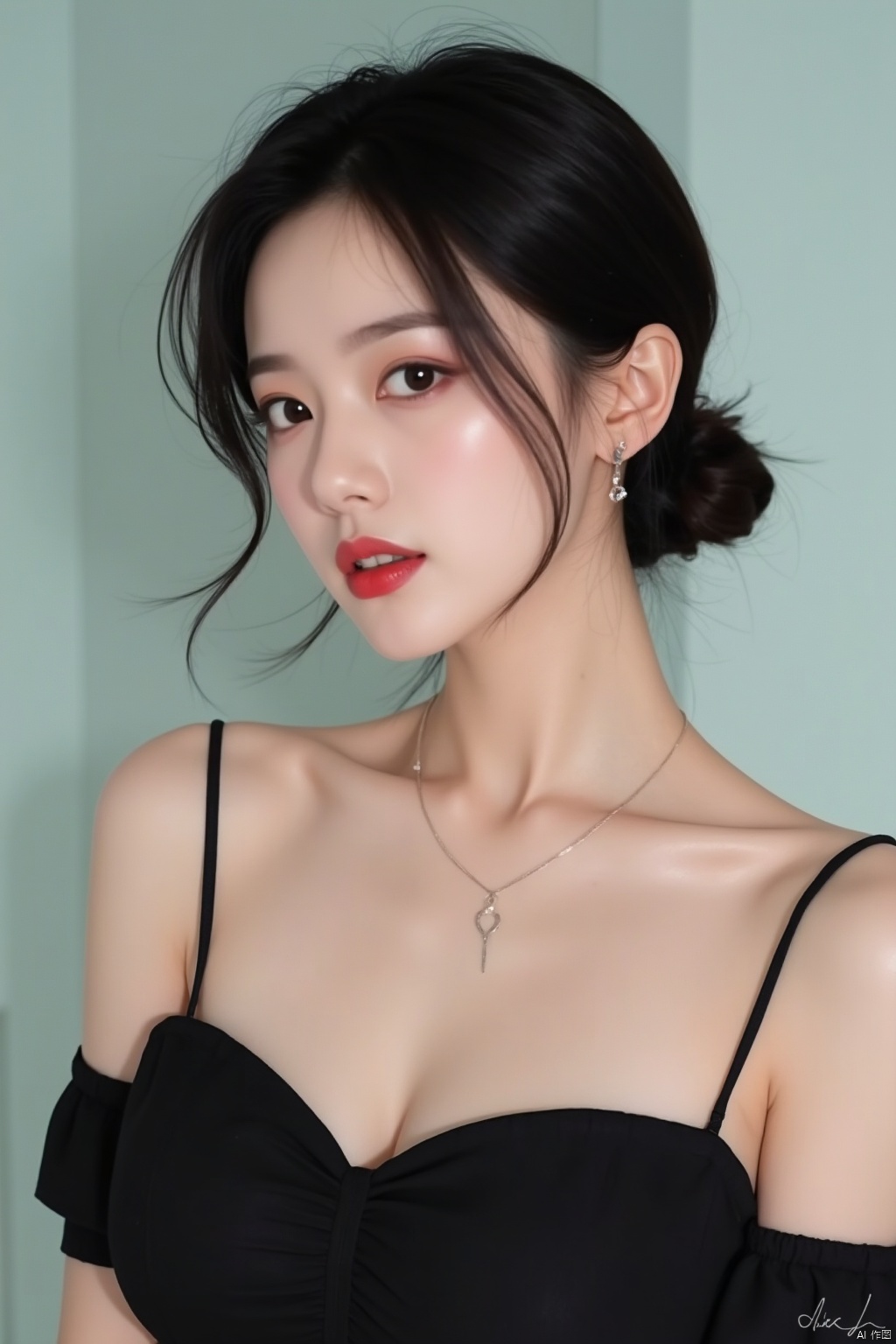 1girl, solo, breasts, short hair, black hair, dress, cleavage, bare shoulders, jewelry, medium breasts, collarbone, upper body, earrings, parted lips, hair bun, blurry, black eyes, black dress, lips, makeup, blurry background, single hair bun, lipstick, red lips