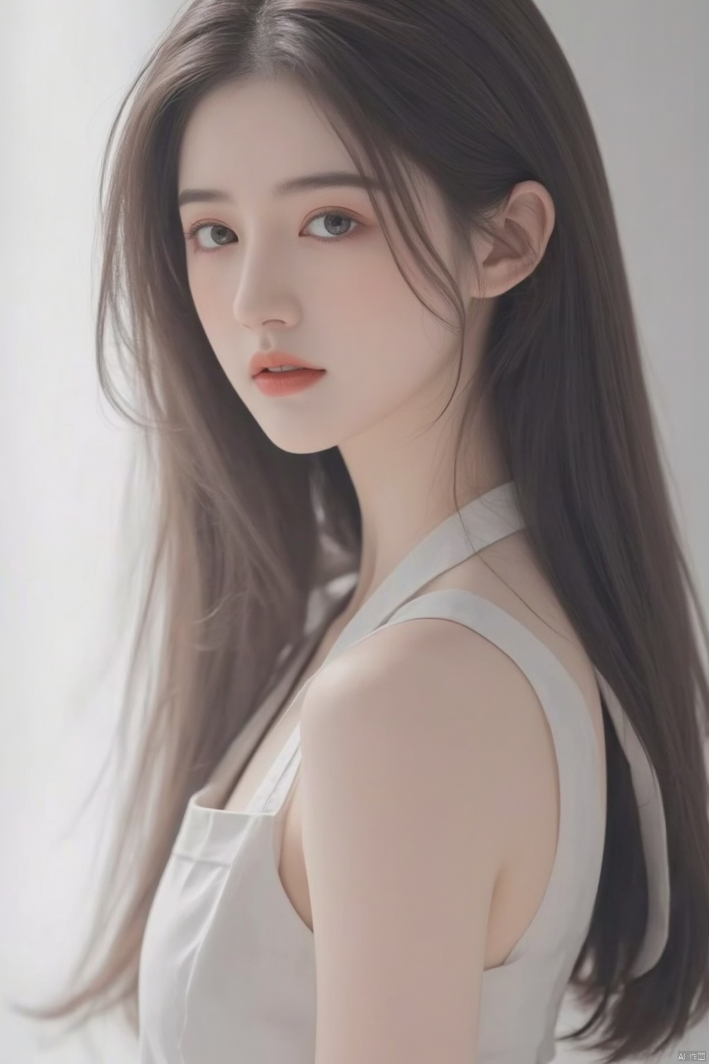 1girl, solo, long hair, looking at viewer, blue eyes, black hair, upper body, parted lips, sleeveless, indoors, white dress, apron, from side, lips, looking to the side, window, sunlight, red lips, kitchen
