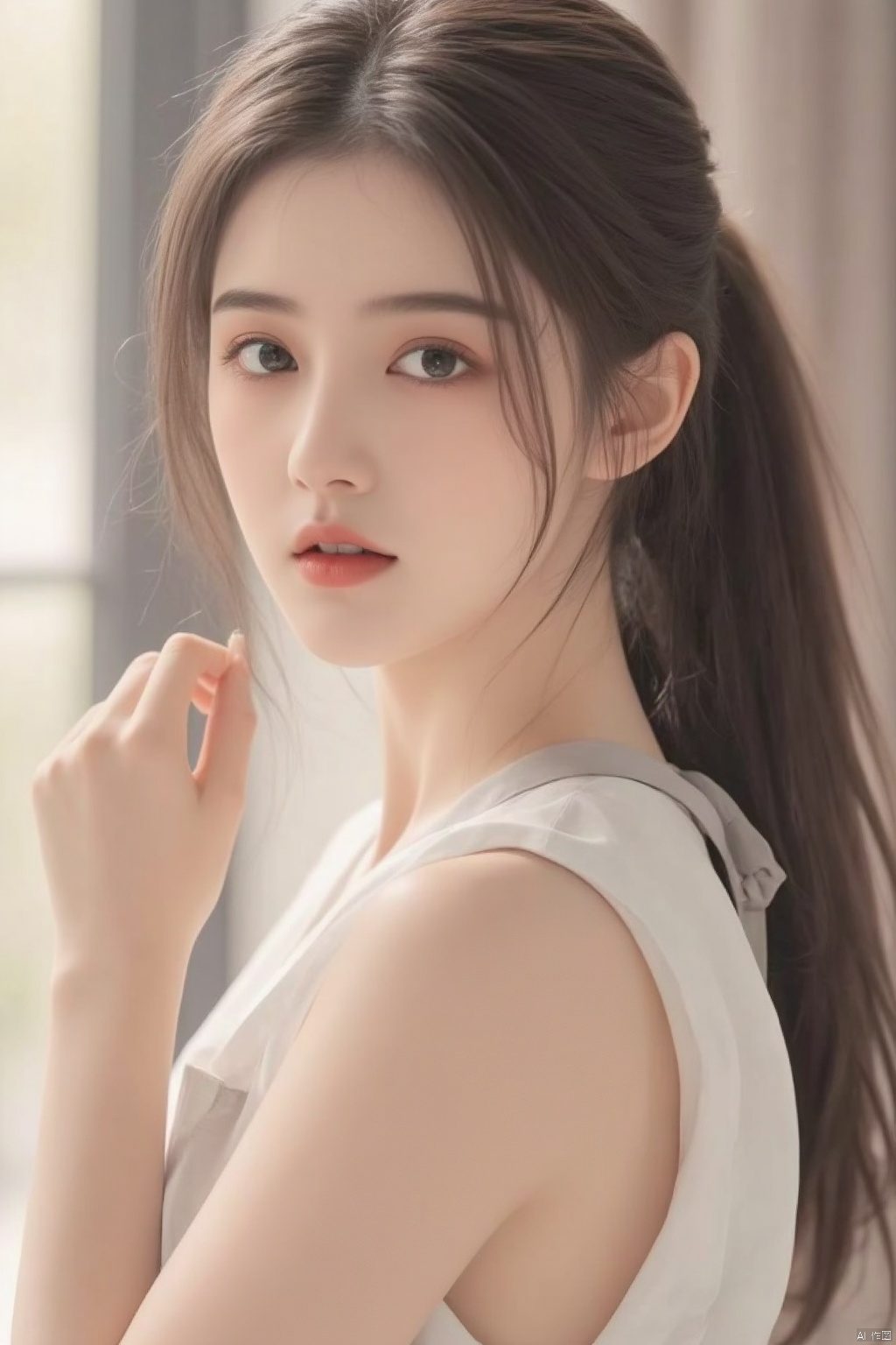 1girl, solo, long hair, looking at viewer, black hair, upper body, ponytail, parted lips, indoors, hand up, black eyes, apron, from side, lips, window, sunlight, realistic