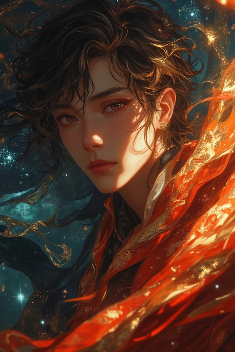 Anime-style close-up of a man with a magical realism aesthetic,  wearing a flowing,  intricate magical cloth. The scene is...