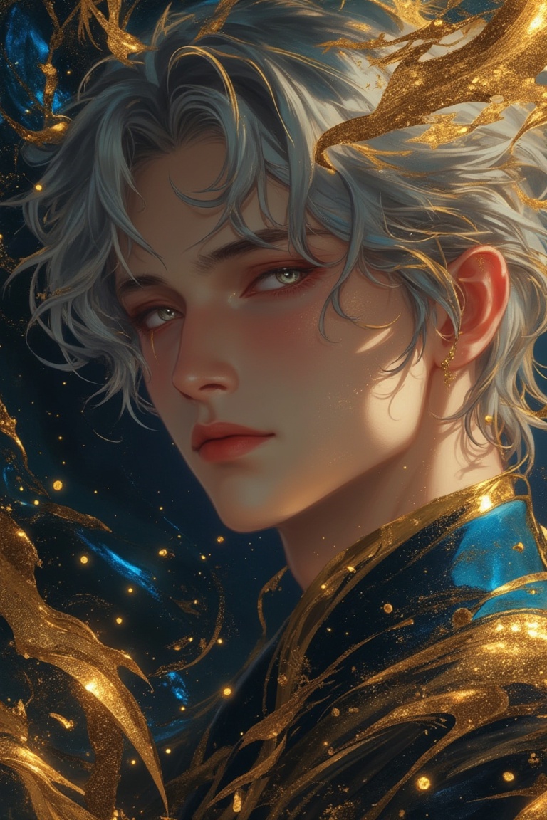 Anime-style close-up of a grey-haired man with a magical realism aesthetic,  surrounded by swirling gold and blue elements...