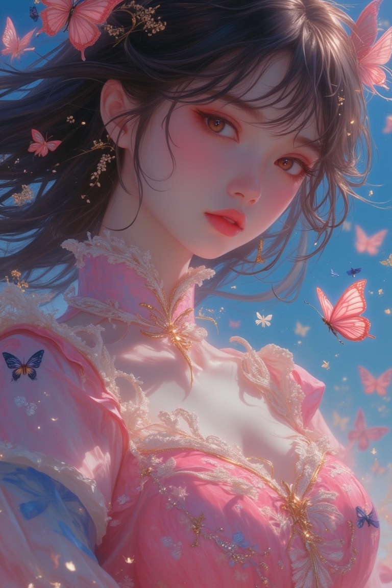 Anime-style close-up of a woman wearing a pink and blue dress,  with delicate butterfly motifs,  in a magical realism aest...