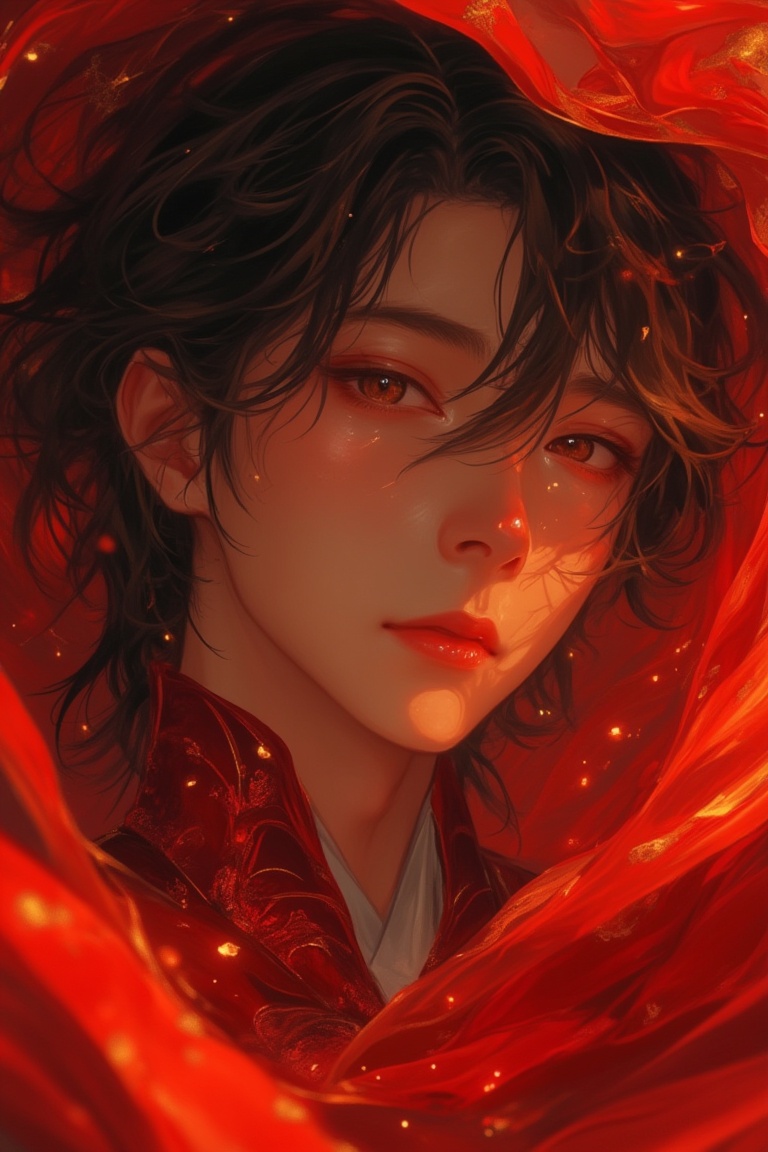 Anime-style close-up of a man with nice hair,  wearing a flowing red cloth,  in a magical realism aesthetic. The scene is...