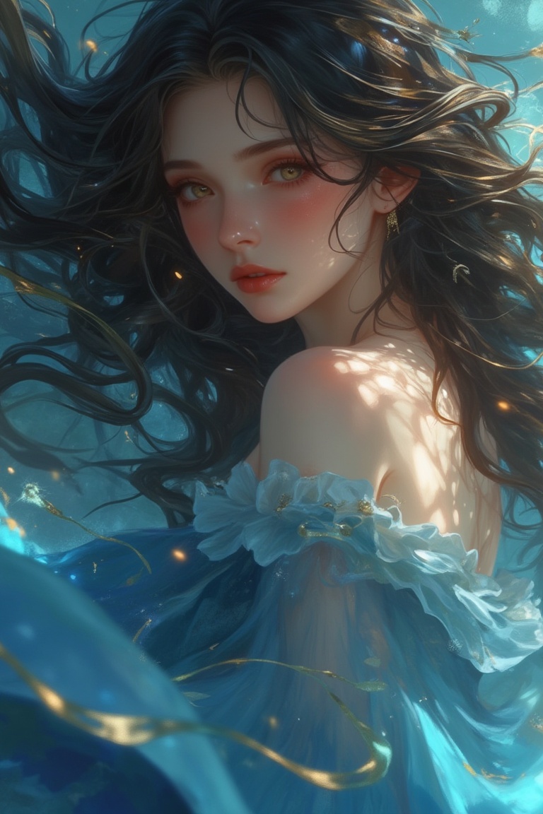 Anime-style close-up of a woman with wavy hair,  wearing a flowing blue dress,  in a magical realism aesthetic. The scene...