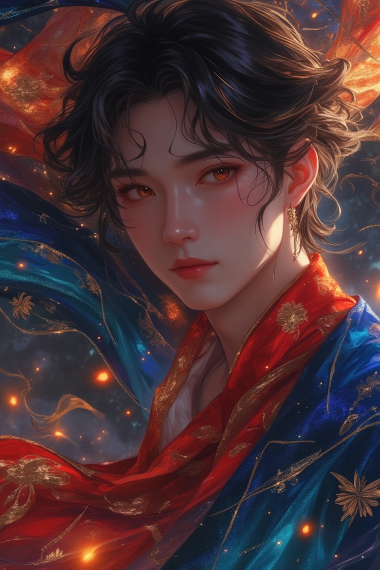 Anime-style close-up of a man wearing a flowing,  intricate magical cloth,  in a magical realism aesthetic. The scene is v...