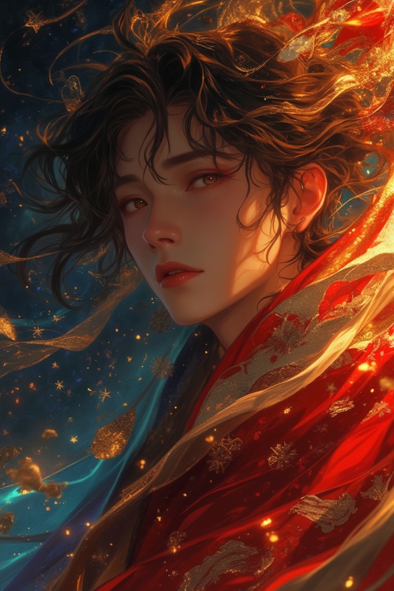 Anime-style close-up of a man wearing a flowing,  intricate magical cloth,  in a magical realism aesthetic. The scene is v...