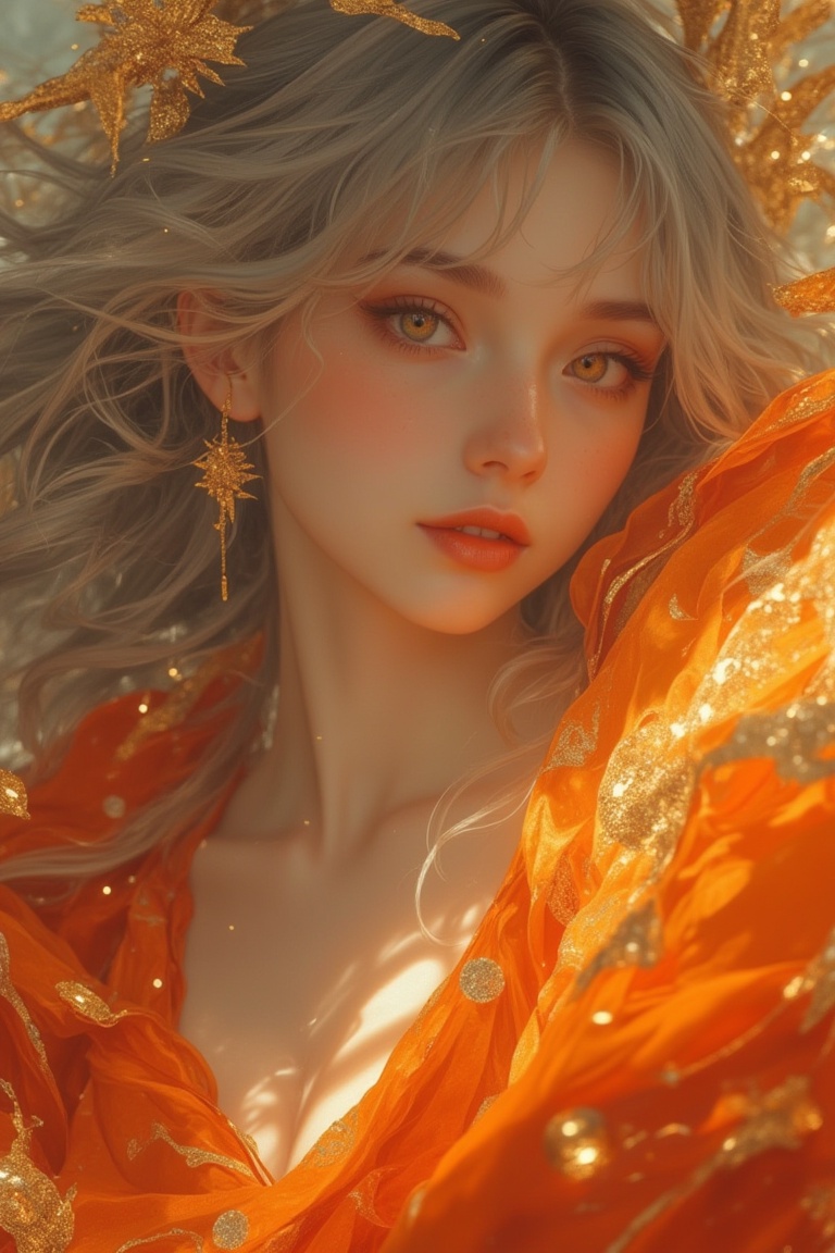Anime-style close-up of a grey-haired woman wearing a flowy orange dress,  surrounded by shimmering gold elements with a m...