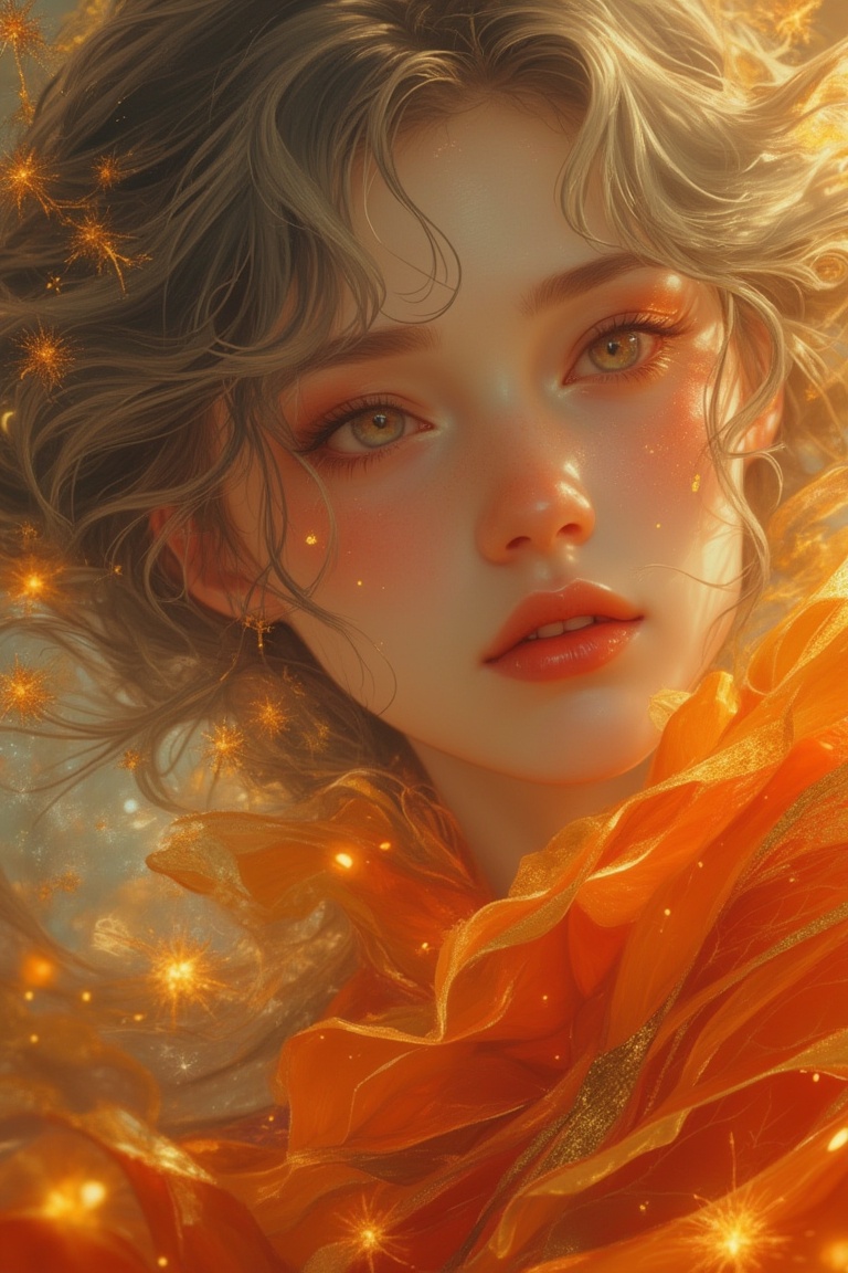 Anime-style close-up of a grey-haired woman wearing a flowy orange dress,  surrounded by shimmering gold elements with a m...