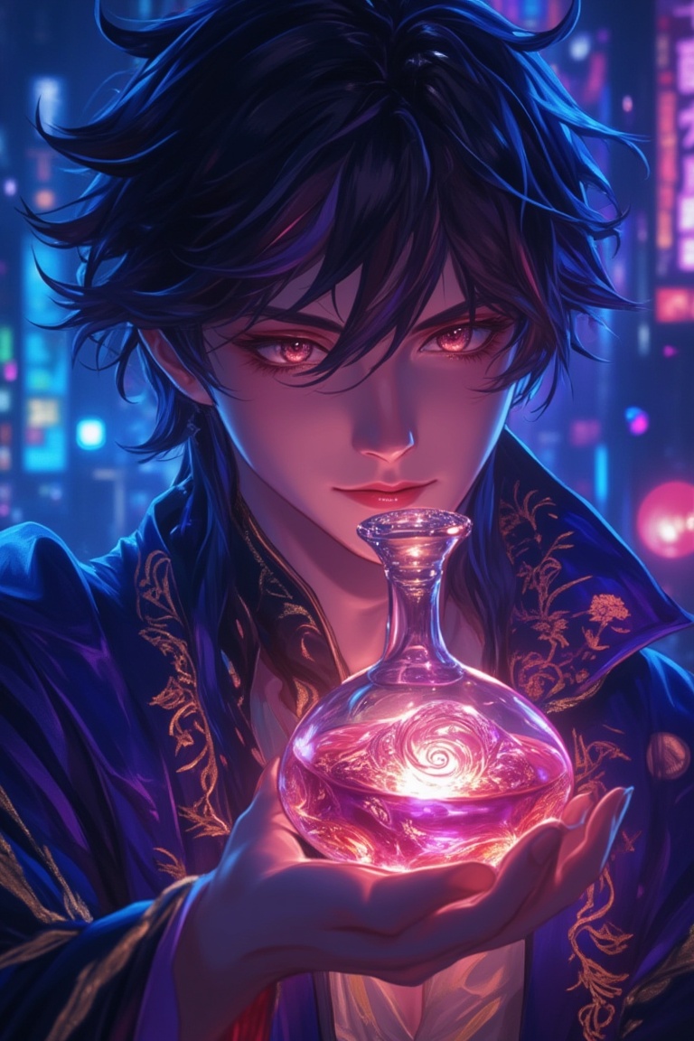 Anime-style close-up of a man wearing a blue-purple outfit,  holding a glowing potion with a magical realism aesthetic. Th...