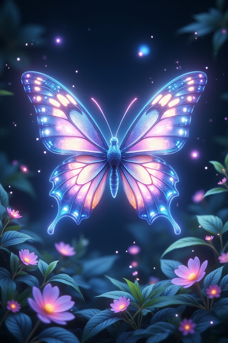 A delicate butterfly with iridescent wings,  glowing with a soft,  sparkling light on Tensor.Art