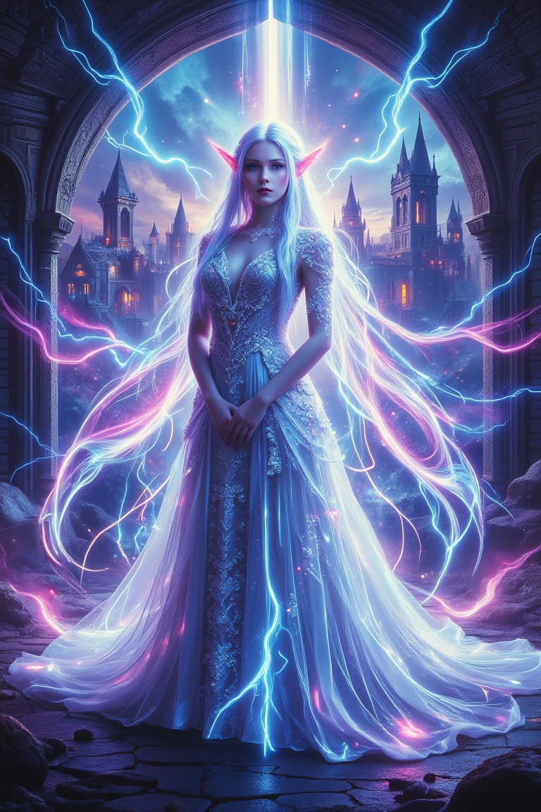 Beautiful female elf,  elf with long silver hair,  elf in beautiful white wedding dress on Tensor.Art