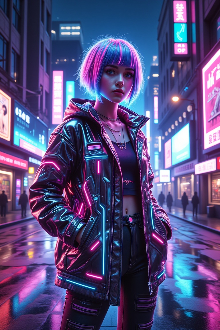 A stylish young woman standing in a futuristic city street at night,  bathed in vibrant neon lights from surrounding billb...