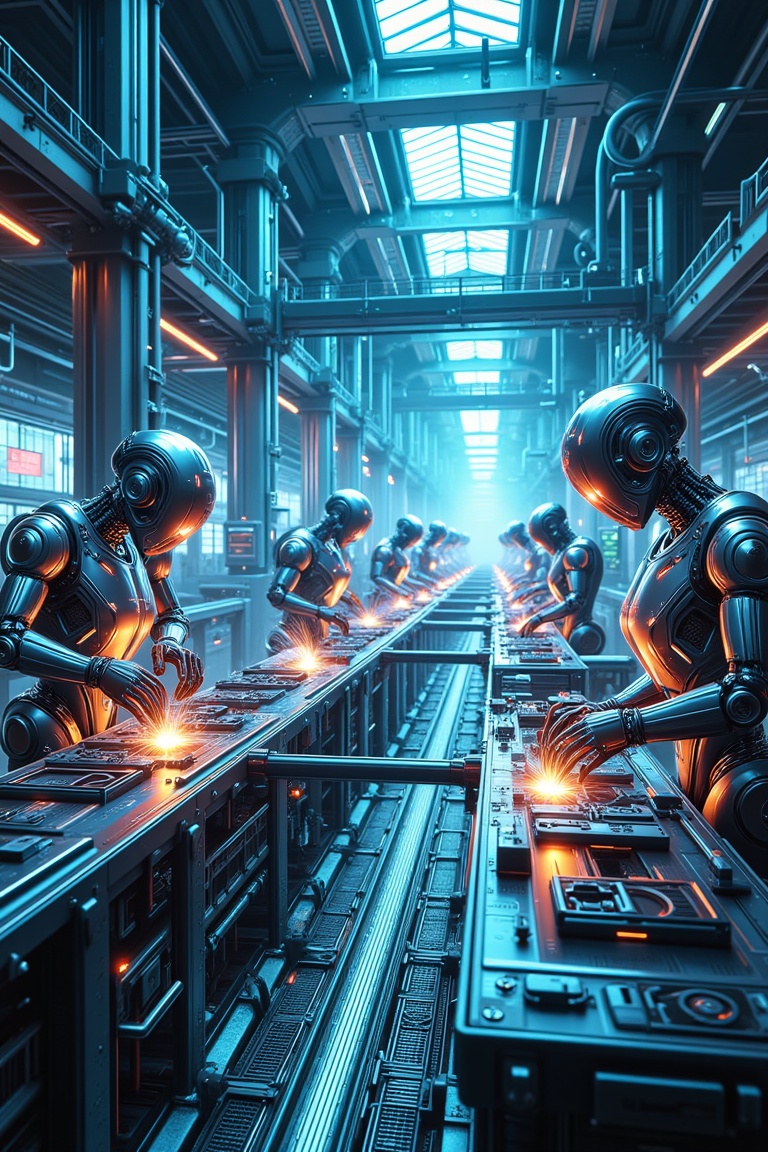A futuristic modern factory interior,  robots in sleek metallic bodies working collaboratively on assembly lines,  advance...