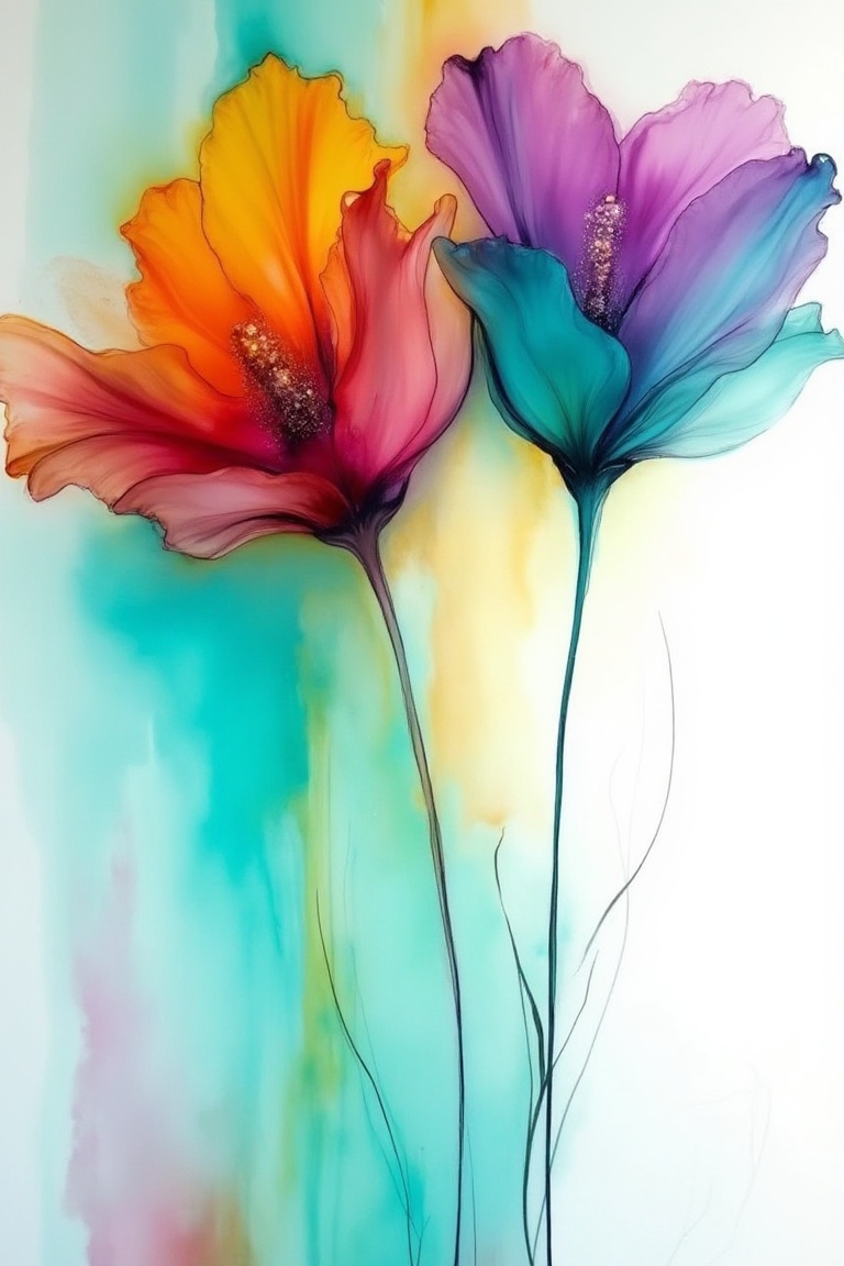 Two tall ethereal flowers painted in alcohol ink,  with petals in magenta,  violet on Tensor.Art