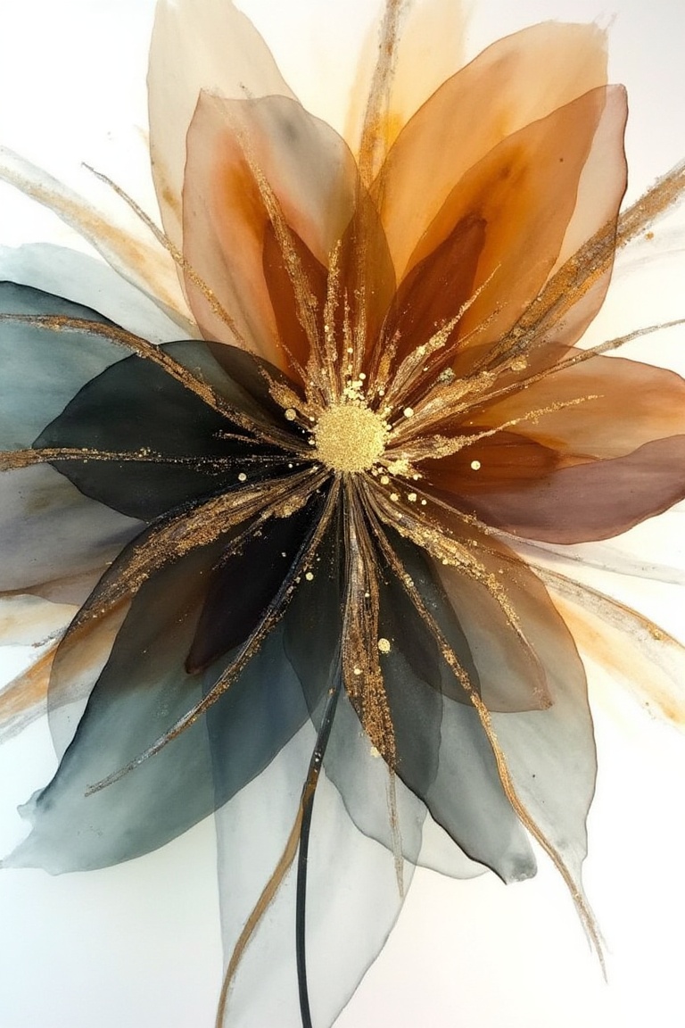 An abstract alcohol ink flower with a radiant center textured by metallic gold and copper leaf. Petals expand outward in s...