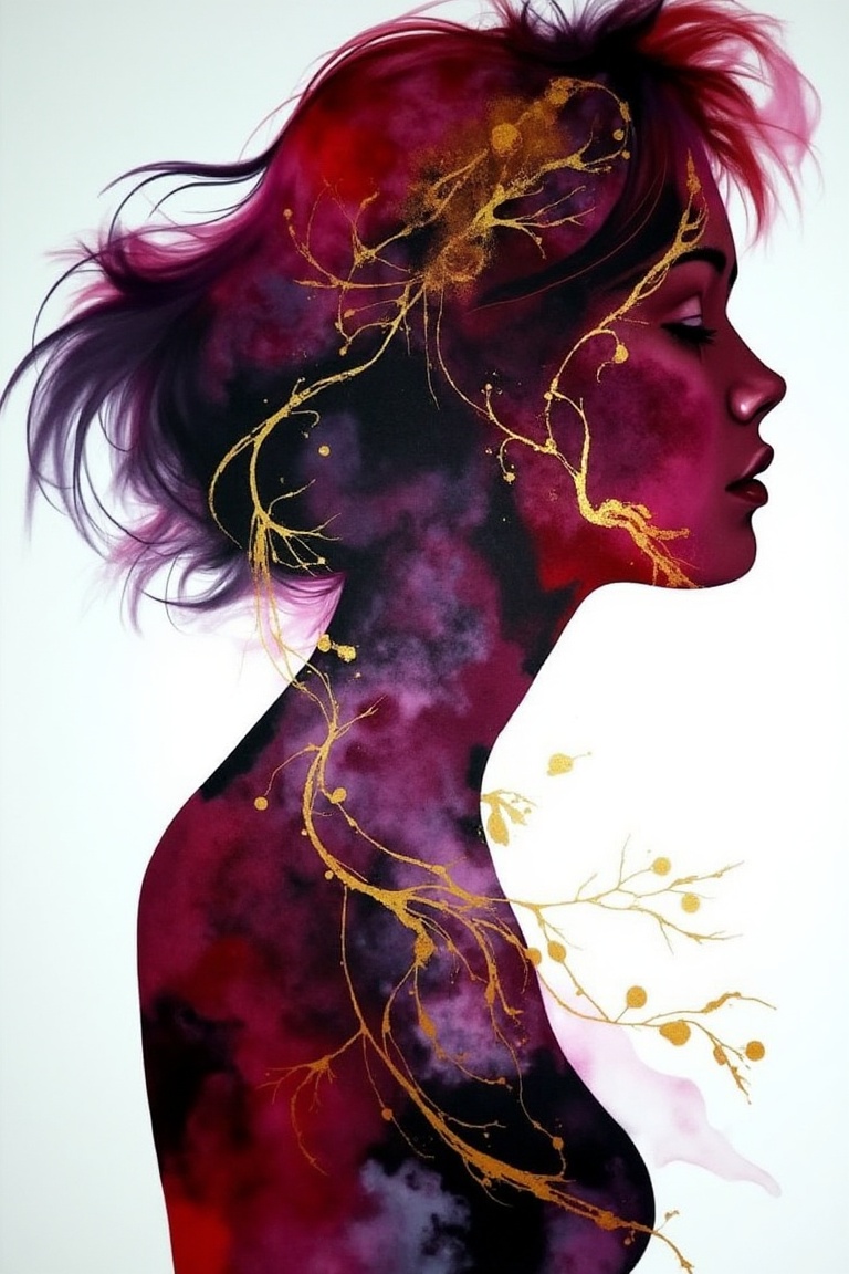 An abstract portrait of a woman’s side profile silhouette filled with marbled burgundy and plum alcohol ink textures. Flow...