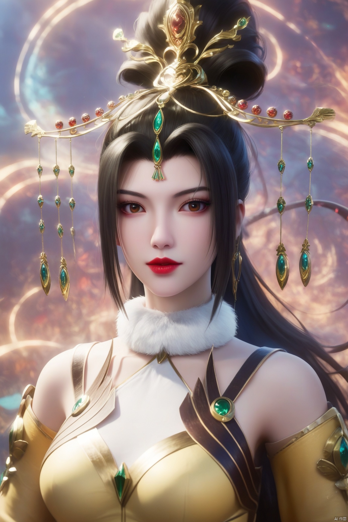 score_9, score_8_up, score_7_up,highly detailed digital, 1girl, solo, long hair, breasts, looking at viewer, black hair, bare shoulders, brown eyes, upper body, ponytail, off shoulder, lips, eyelashes, makeup, high ponytail, lipstick, red lips ,ultra detailed background,ultra detailed background,ultra realistic 8k cg, ,masterpiece,xiaobai