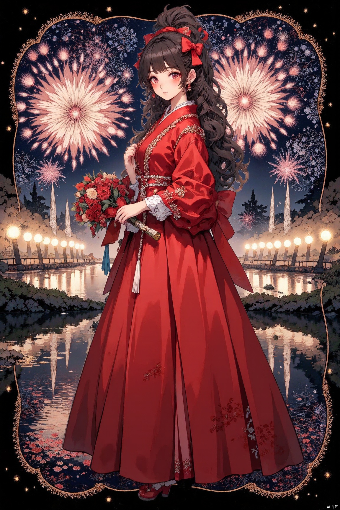lolita fashion,masterpiece,best quality,1girl,pov,black hair,long hair,ponytail,nape,red eyes,light smile,looking at viewer,holding bouquet,lily \(flower\),red kimono,(fireworks),(aerial fireworks),firework background,(night),shrine,lake,light reflection \(water\),particles, 