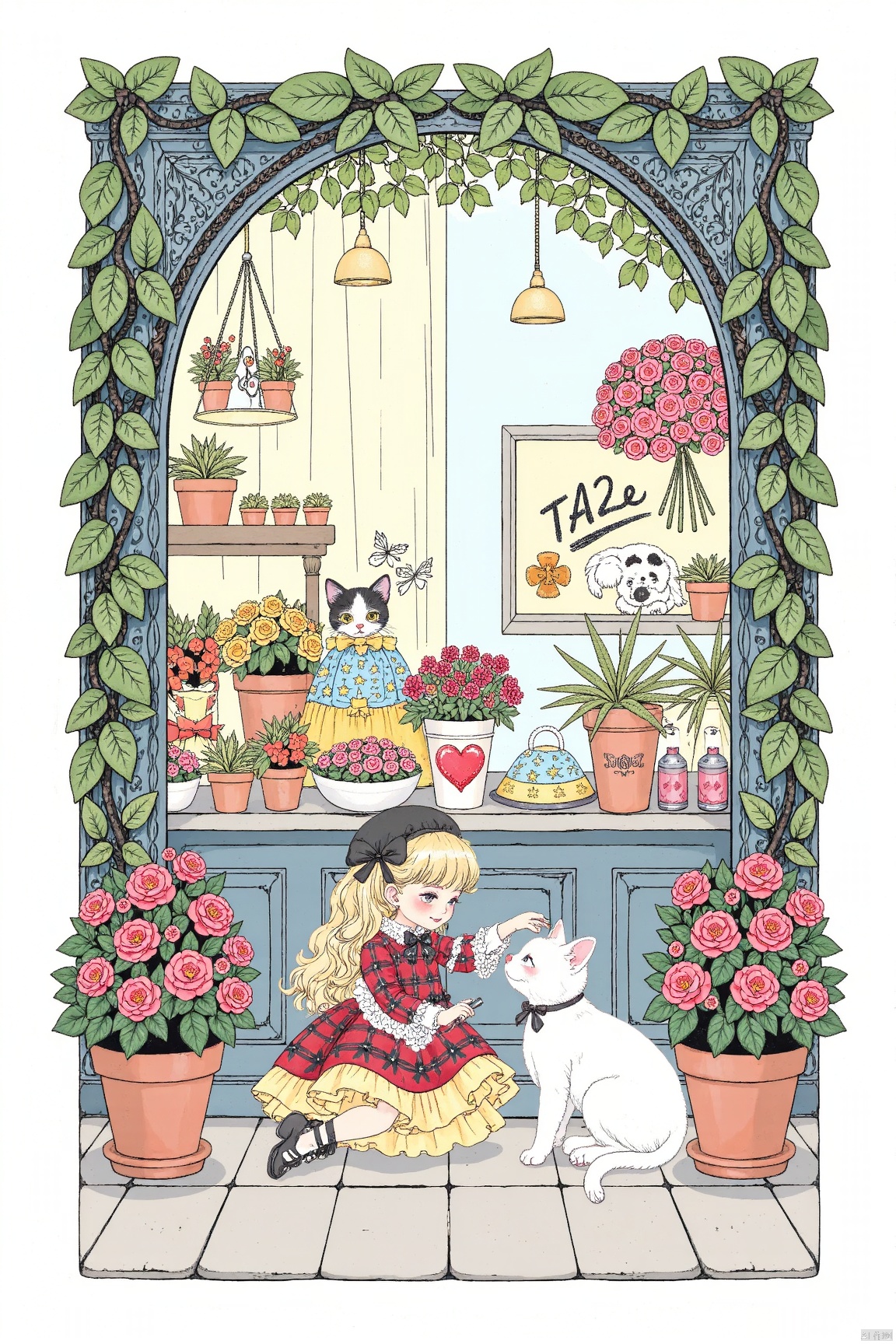 lolita fashion,A cute little girl, playing with the catexQuisite modern flower shop of the city, Simplicity, sharpie illustration, bold lines, doodle in the style of Keith Haring, thedoor of the flower shop is surrounded by plantsand flower vines, dappled sunlight down, greerplants, flowers of all colors, anime aestheticchildlike innocence and charm, Cartoonishillustration, petcor