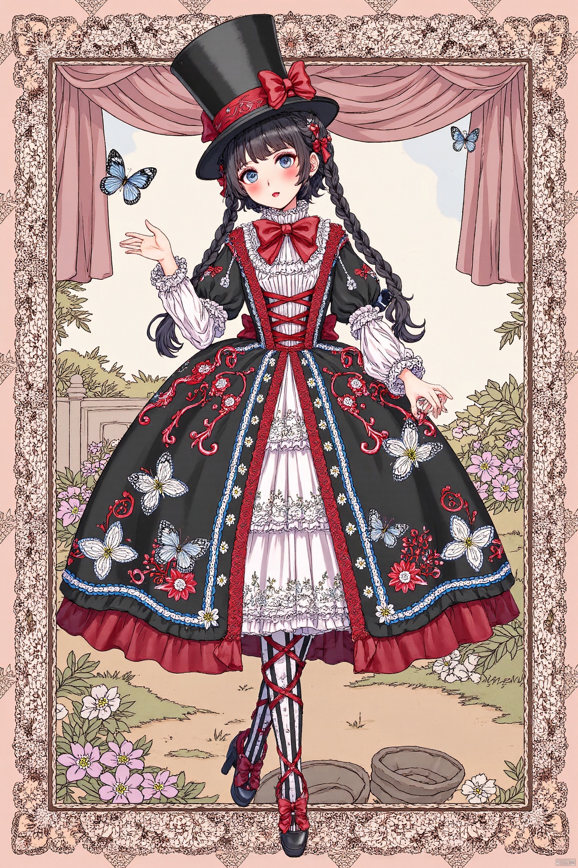lolita fashion, shows elemental elements,circus hat and ringmaster,intense and bright colors,teenage girl,long black hair,braids,light blue eyes,butterfly details,anime,