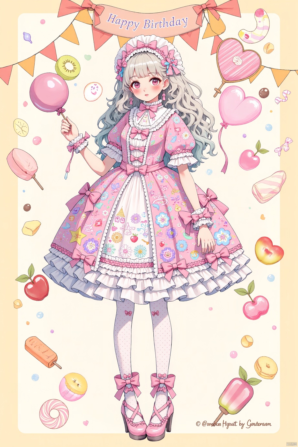 lolita fashion,1girl, solo, balloon, bow, dress, hair bow, long hair, short sleeves, puffy sleeves, puffy short sleeves, frills, star (symbol), bangs, pink dress, pink bow, print dress, floral print, pantyhose, full body, frilled dress, holding balloon, heart, blue bow, string of flags, heart balloon, holding, confetti, pink footwear, blush, looking at viewer, yellow background, hand up, aqua hair, shoes, pennant, high heels, ribbon, print legwear, tassel, star hair ornament, blue neckwear, english text, smile, jewelry, petticoat, grey hair, bowtie, grey eyes, blunt bangs, open mouth, dated, red bow, bracelet, print skirt, parted lips, lolita fashion, beads, pink eyes, green hair, simple background, polka dot, center frills, purple bow, pink legwear, character name, crescent, pastel colors, purple legwear, patterned clothing, food, artist name, purple dress, aqua bow, footwear bow, collared dress, happy birthday, rose print, blue ribbon, polka dot bow, signature, multicolored, flower, neck ribbon, hair ornament, frilled skirt, yellow eyes, striped, white legwear, frilled sleeves, food print, streamers, blue hair, medium hair, skirt, multicolored clothes, pink ribbon, floating, sweet lolita, beige background, fruit