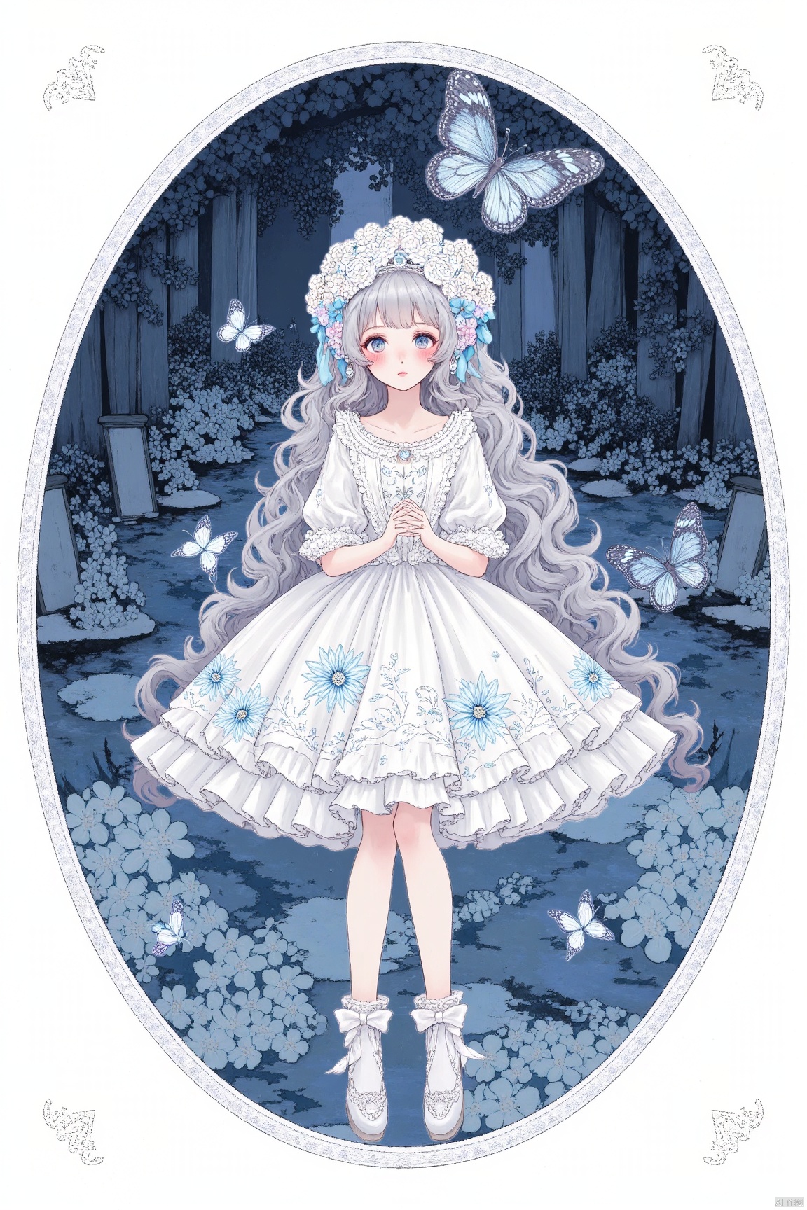 (masterpiece), (best quality), illustration, ultra detailed, hdr, Depth of field, (colorful), petite,loli,This is a masterpiece that exudes exceptional quality. The illustration is ultra-detailed, utilizing HDR technology to create a sense of depth. The subject matter is an original, delicate, and beautiful artwork, vibrant with color and filled with fantastical elements. The girl is sitting by a deep sea, surrounded by flowing water, with a dull blue World Tree in the background, situated in a cemetery. The serene and dreamy atmosphere gives the entire scene a soulful and enchanting quality. Her pale complexion, azure blue eyes that glow, and silver hair adorned with flowers create a captivating portrait. She wears a Lolita-inspired fashion, expressionless with her mouth closed. The backgrounds range from white, transparent, circular options, and there are also flying translucent blue butterflies that add a sense of liveliness to the piece,(long legs:1.2)