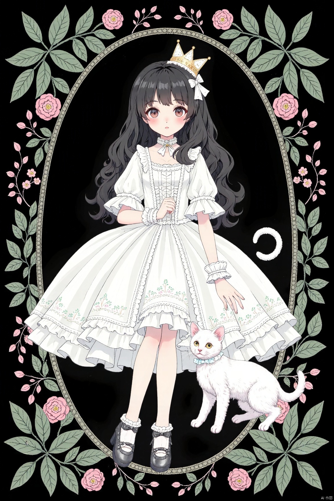 lolita fashion, a 7 years old girl,flower,white dress,black hair,long hair,sitting,cat,solo,crown,puffy sleeves,short sleeves,princess,plant,(huge cat 2),megalomania,cavern,