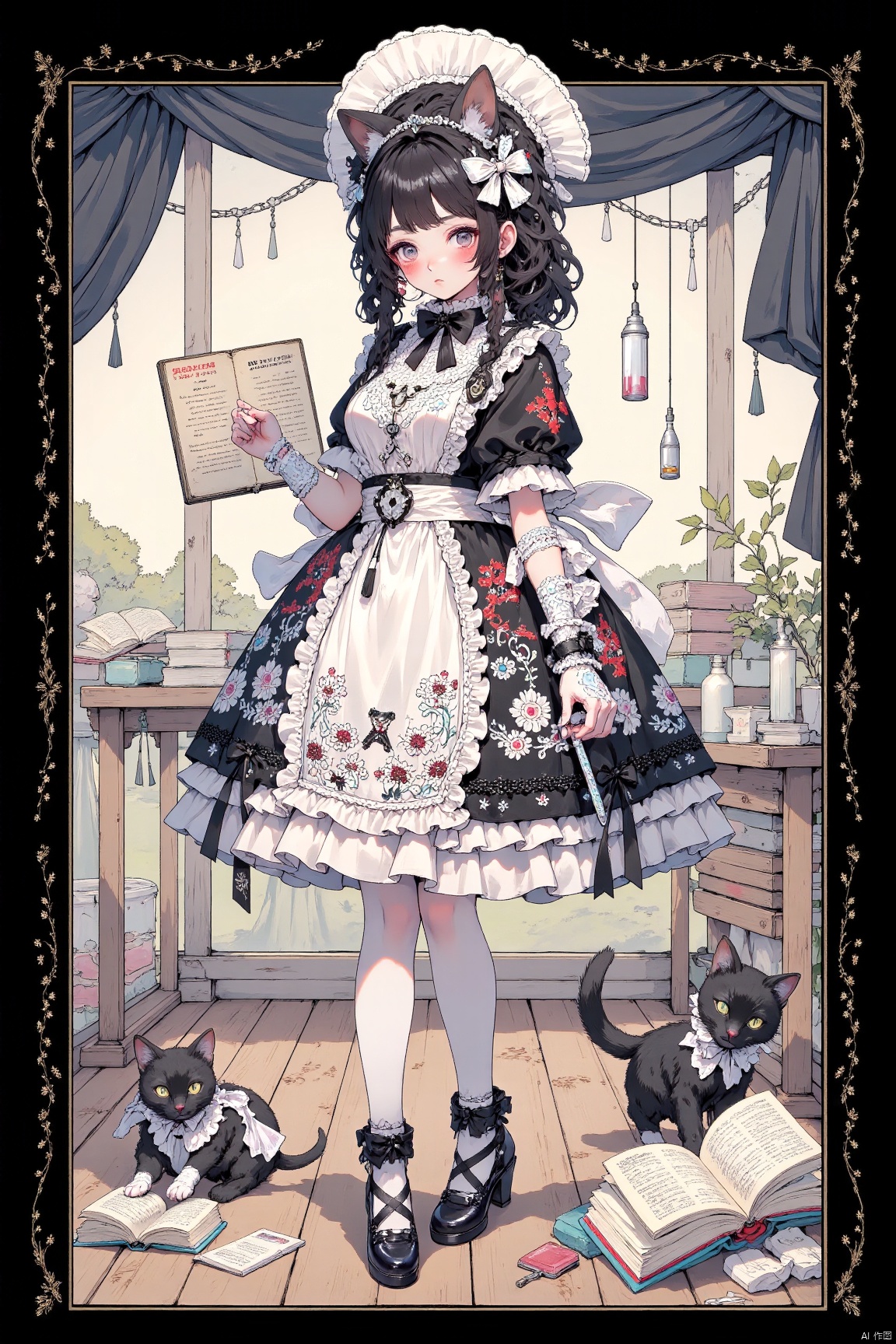 lolita fashion,animal ears,cat,dress,black de hair,intravenous drip,horns,white legwear,shoes,braid,bow,long hair,cat ears,frills,veil,cross,1girl,black dress,black footwear,eyepatch,bride,bride,black,bride,black,cat,curtains,apron,frilled dress,standing,looking at viewer,blunt bangs,lolita fashion,bucket,pantyhose,solo,wooden floor,syringe,bandages,book,blood bag,cat tail,ribbon,nurse,white bow,multiple girls,latin cross,clothed animal,indoors,why hairs,bandaid,heterochromia,star (symbol),key,gothic lolita,animal (animal),frilled apron,lace,blood,no nose,noose,scissors,child,puffy sleeves,pill,hat,cat girl,holding bucket,clipboard,petticoat,no mouth,tag,neck,lace trim,maist,medicine,thermometer,english,sleeves,text,maist,noun,see-through,traditional media,jewelry,black ribbon,habitat,holding syringe,safety pin,two tails,border,black background,