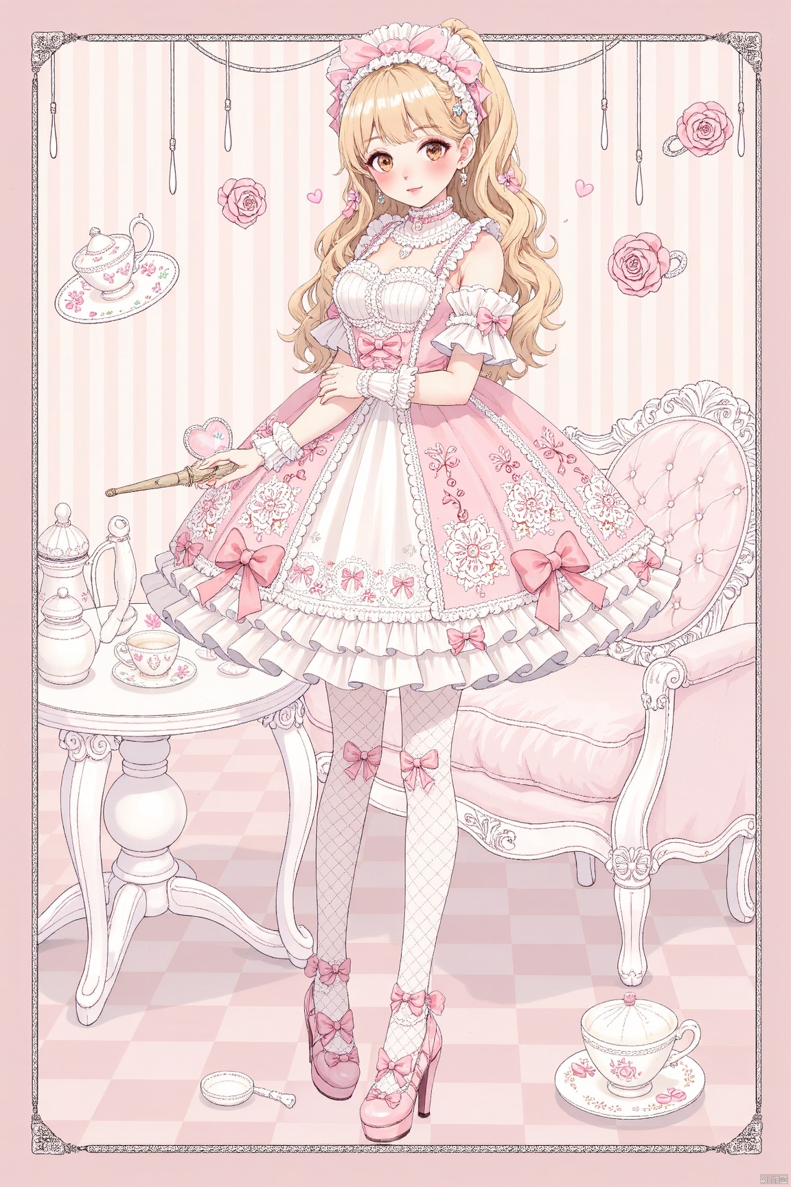 lolita fashion,1girl, solo, breasts, dress, medium breasts, high heels, shoes, pink theme, blonde hair, cup, hair ornament, teacup, ribbon, table, frills, bow, detached sleeves, flower, fishnets, garters, checkered, gloves, thighhighs, thigh strap, standing, fishnet legwear, socks, tea, elbow gloves, full body, skirt, chair, headdress, lolita fashion, blush, choker,border,crown, large breasts, bare shoulders, long sleeves, jewelry, ponytail, long hair, hat, makeup, red hair, looking at viewer, lipstick, checkered floor, teapot, monochrome, white legwear, kneehighs, legs, brown eyes, rose, open mouth, maid, leg garter, corset, alternate costume, underwear, trading card, v arms, leaning forward, hair ribbon, hairband, card (medium), bangs, gothic lolita, smile, hair up, wand, hair flower, couch, holding, heart, striped