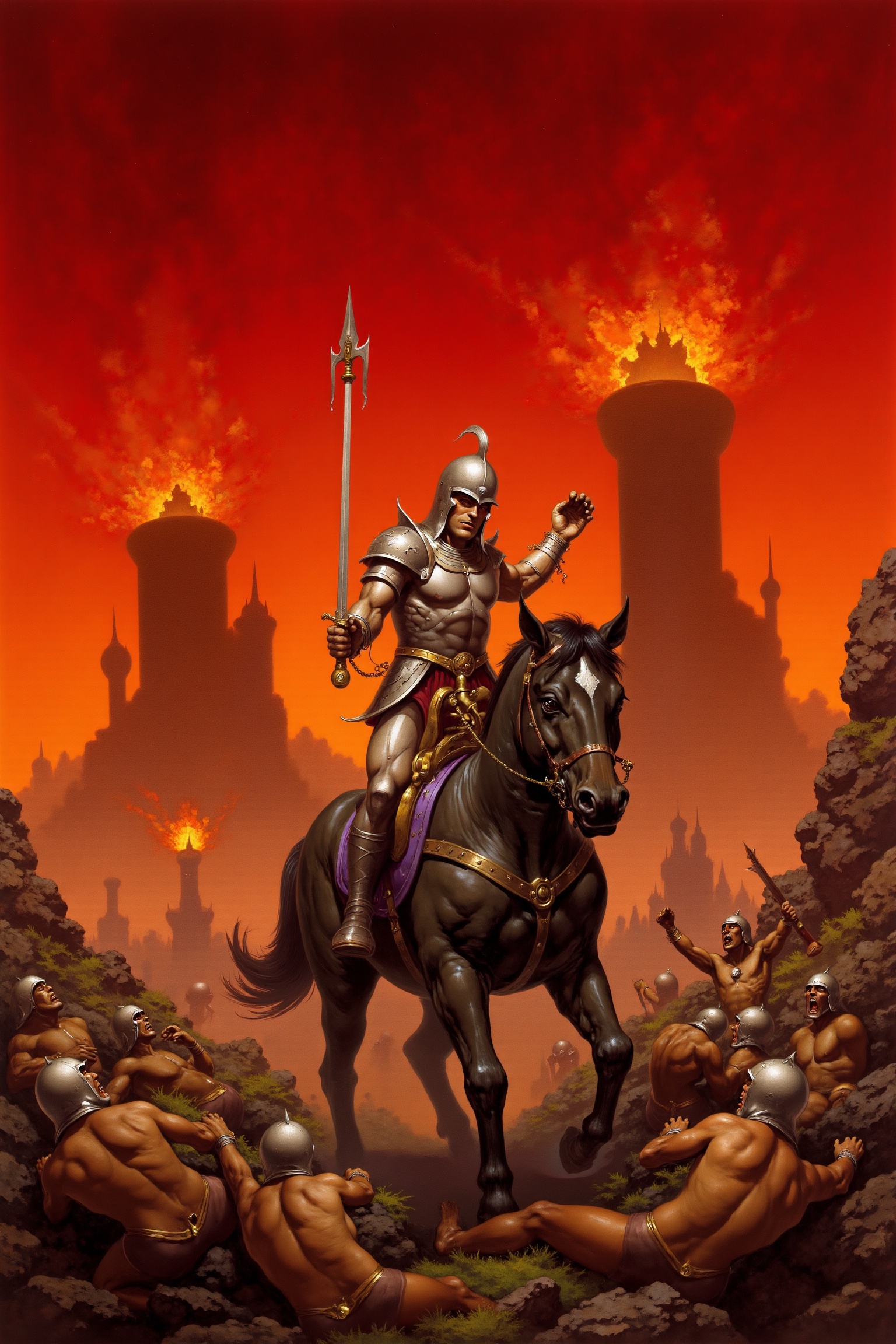 RetroSci style. A heroic knight in gleaming silver armor rides a black stallion through a battlefield strewn with fallen e...