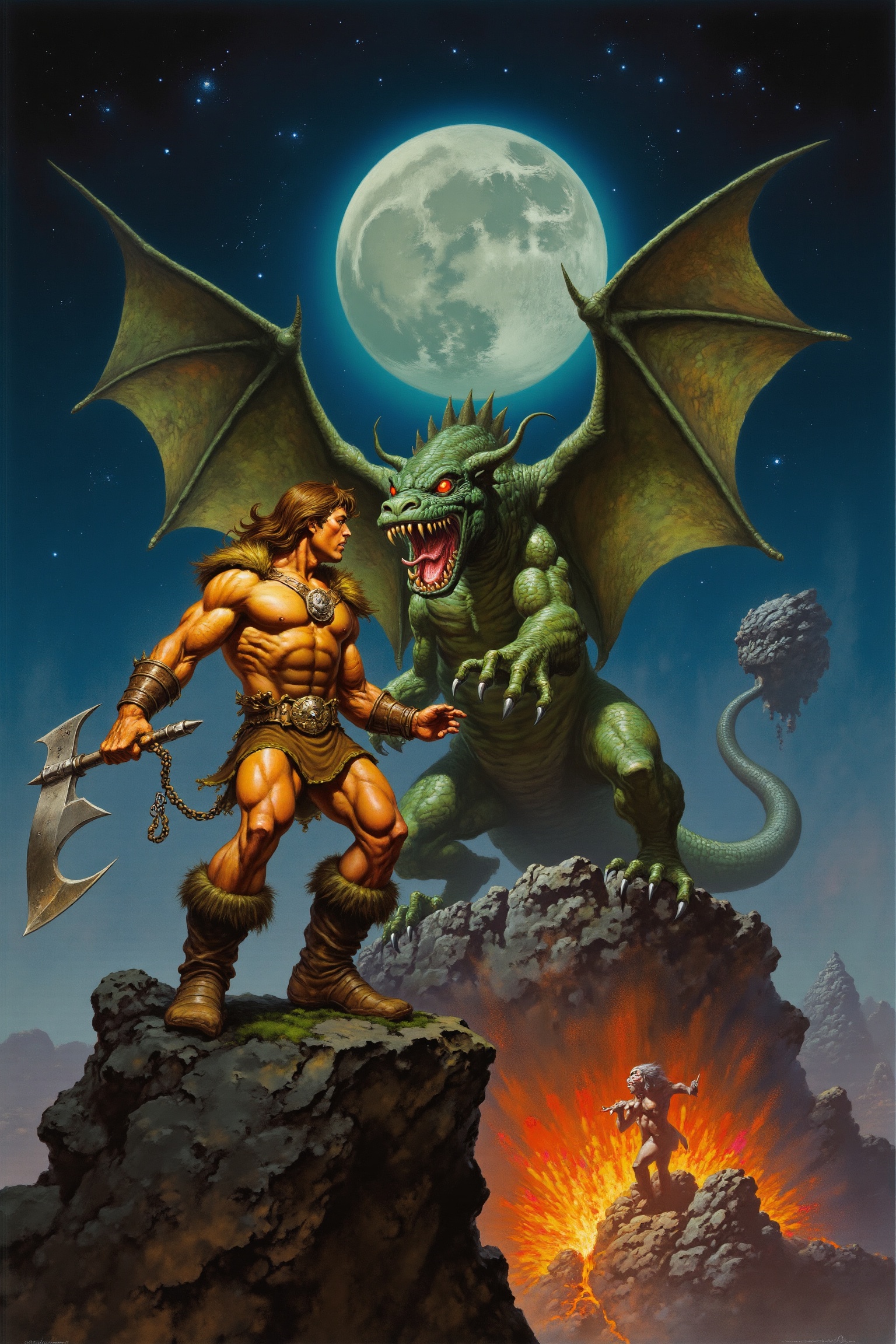 RetroSci style. A powerful barbarian warrior,  muscles gleaming under the moonlight,  stands on a rocky cliff holding a ma...