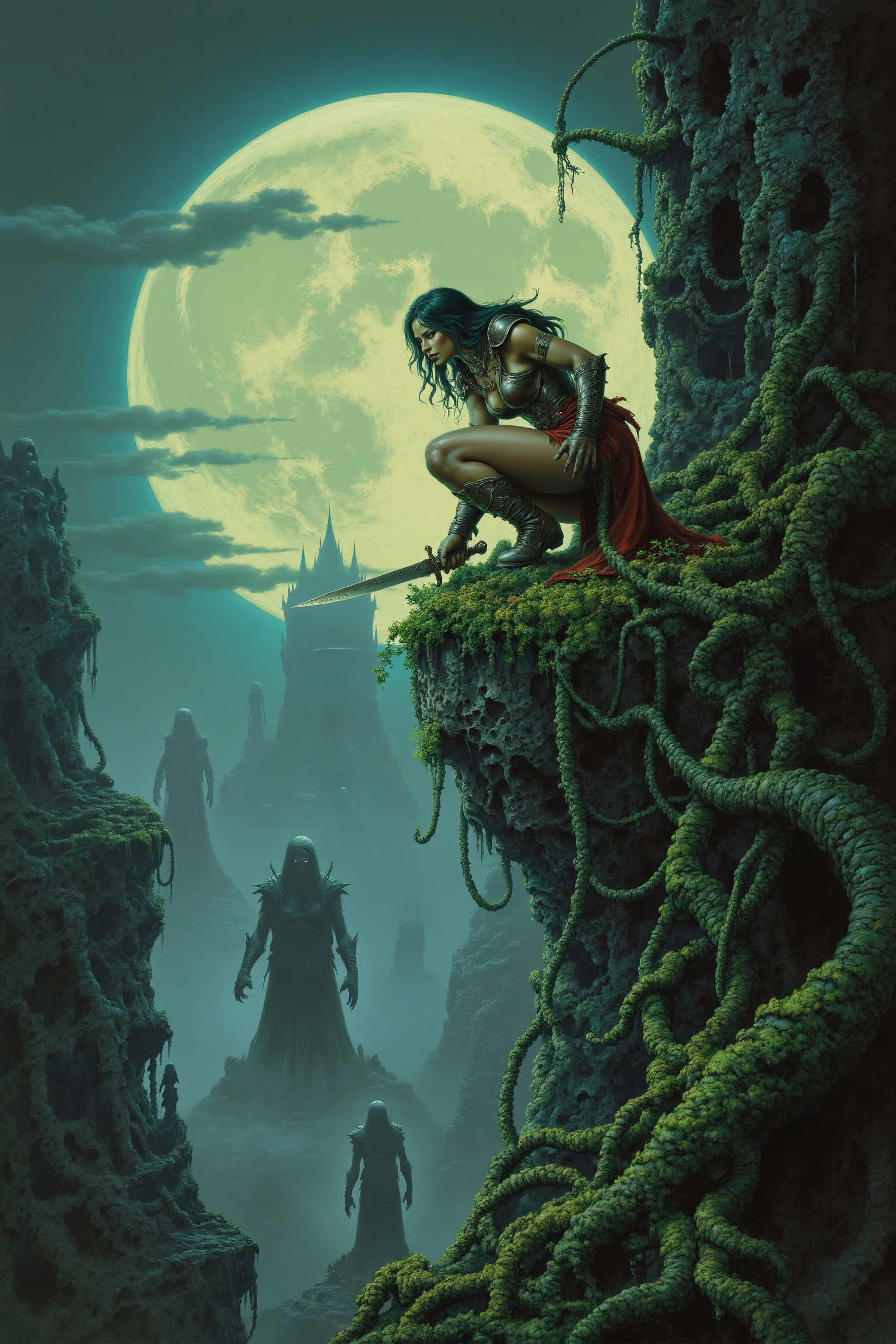RetroSci style. A deadly female assassin in leather armor crouches on the edge of a moss-covered castle wall,  her blade r...