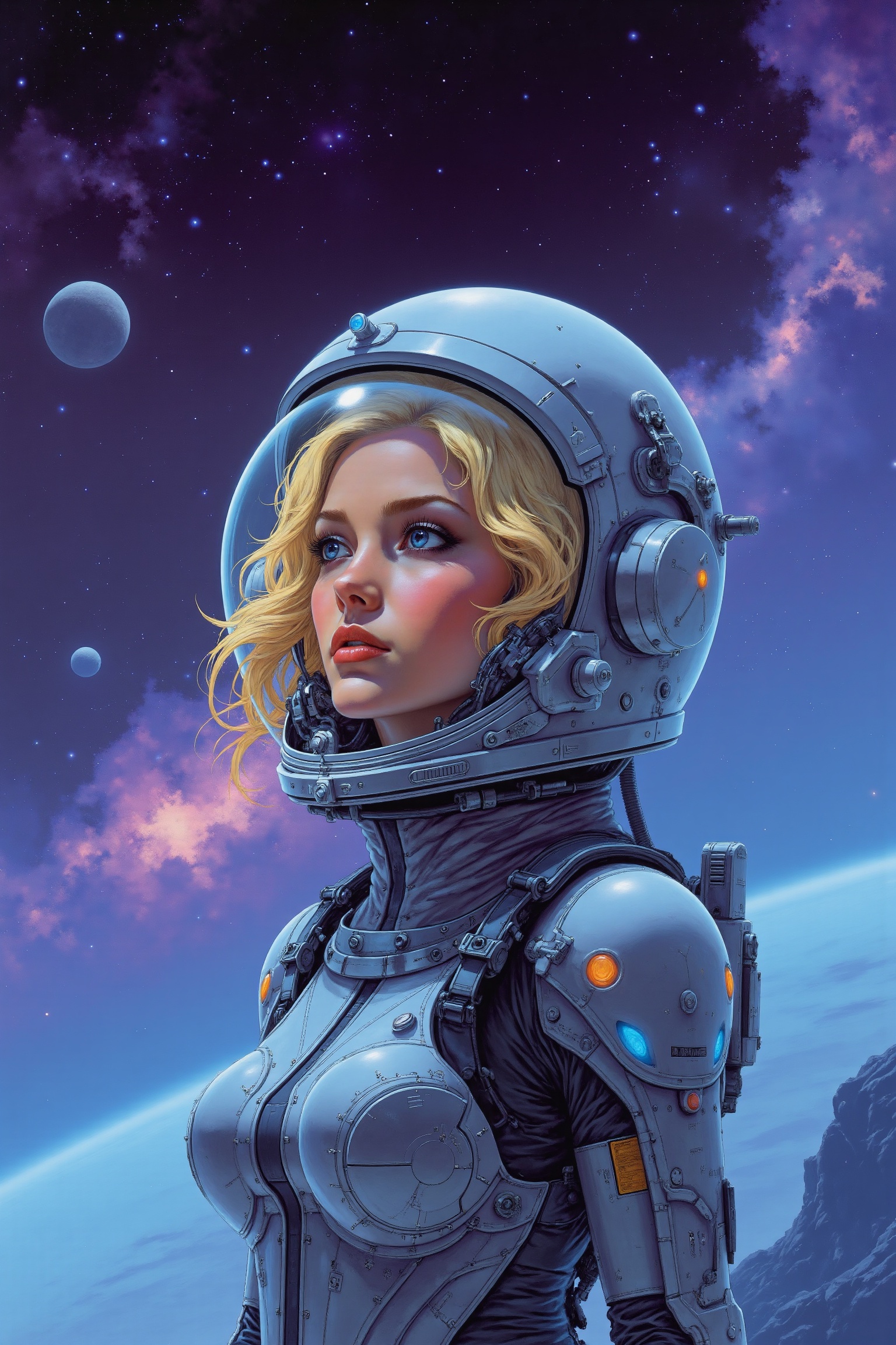 RetroSci style. RetroSci style. A young woman astronaut,  her expression determined yet serene,  stares into the distance...