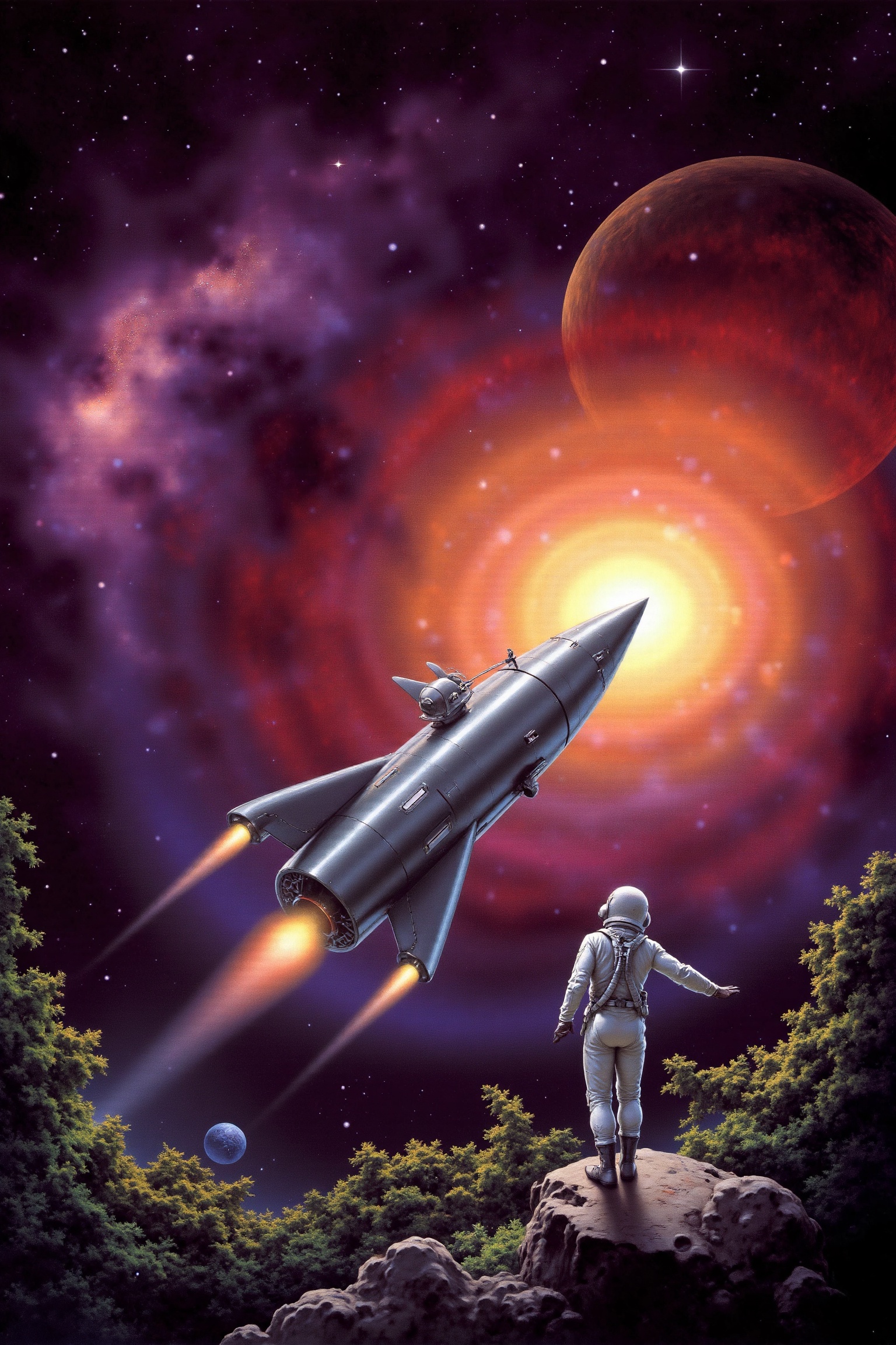 RetroSci style. A spaceship emerges from a vibrant nebula,  swirling in shades of deep purple,  crimson on Tensor.Art