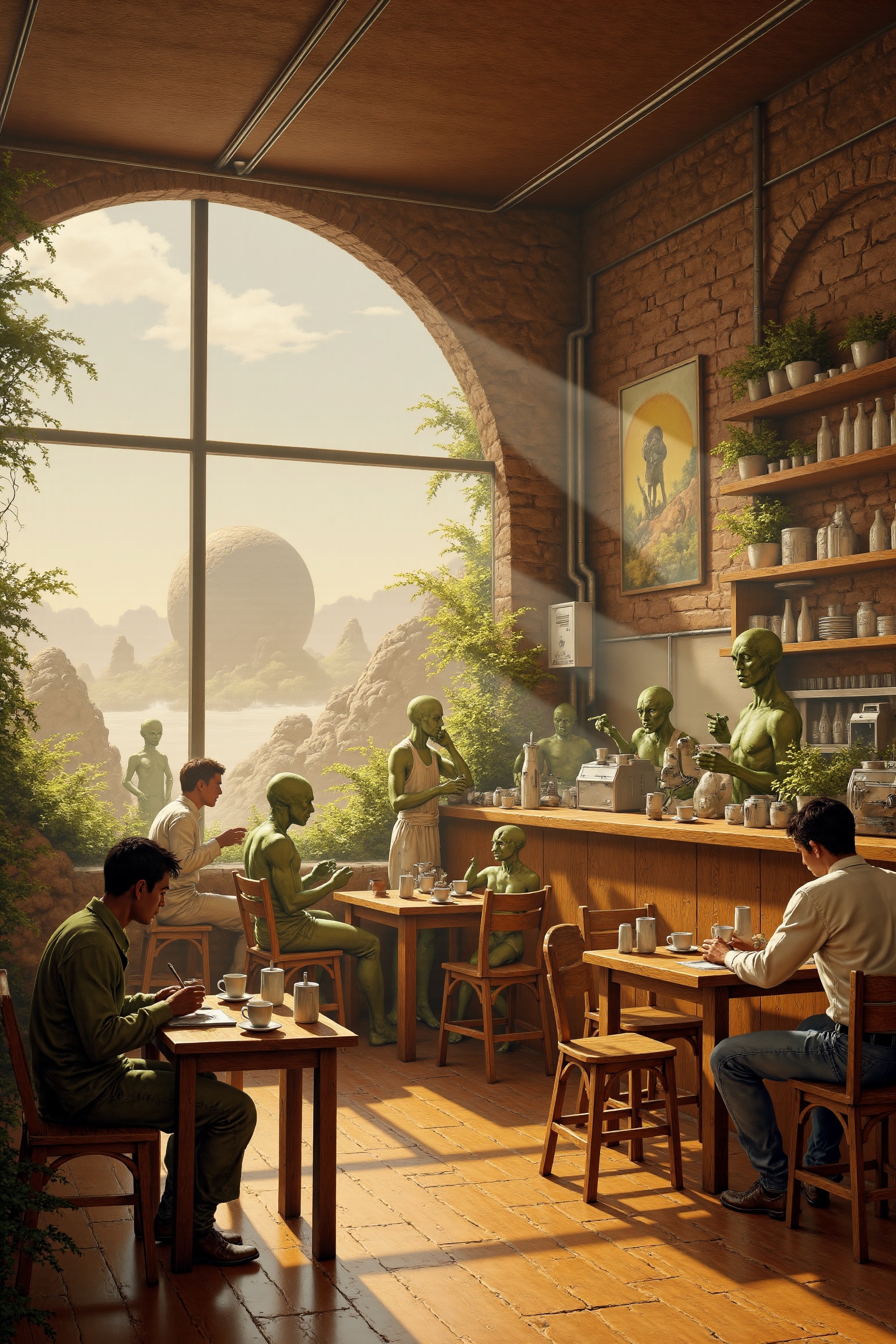RetroSci style. Alien planet. A cozy,  café on a busy afternoon. People,  some of them are aliens on Tensor.Art