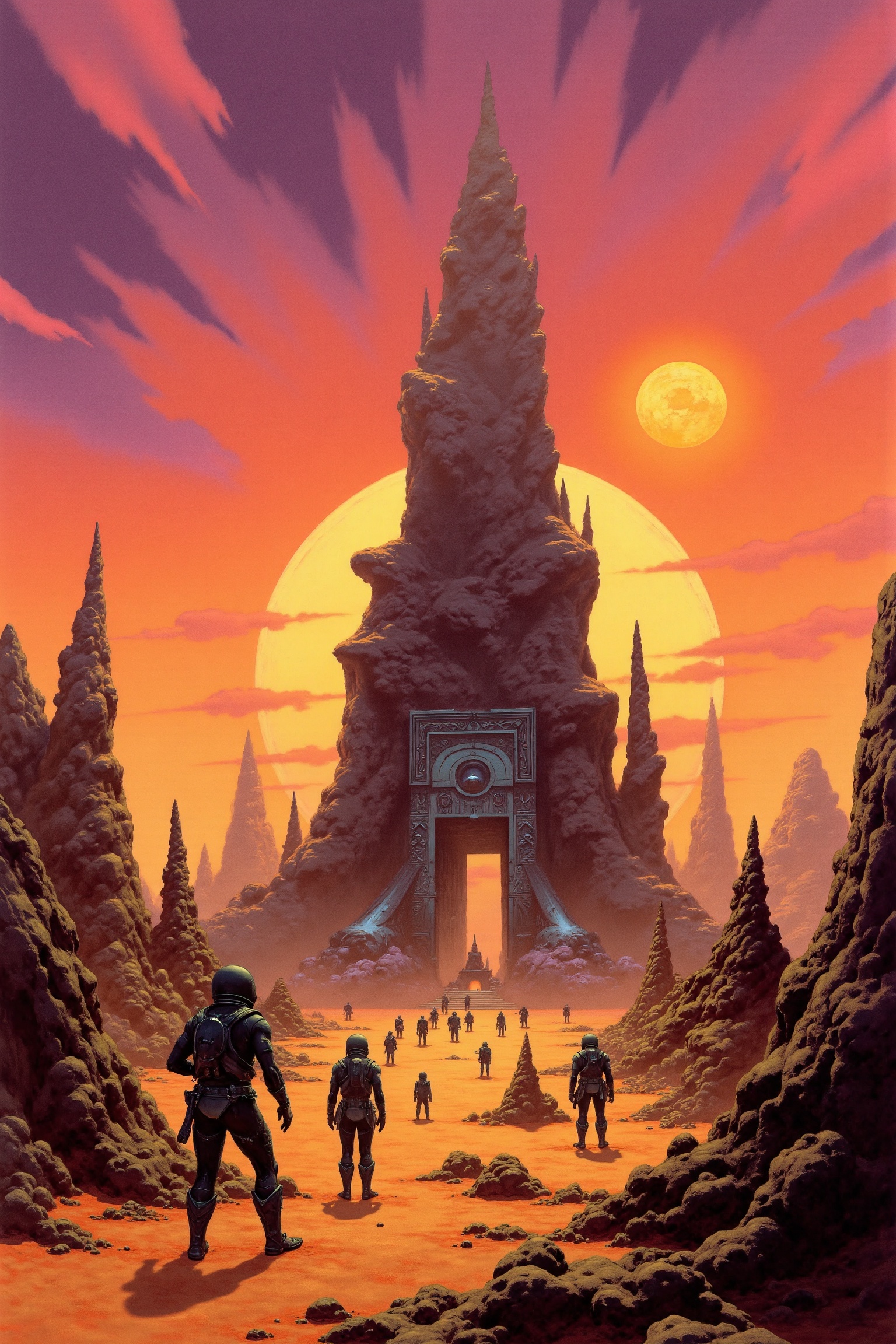 RetroSci style. A mysterious alien city on a desert planet,  with jagged obsidian towers and swirling sandstorms. The sky...