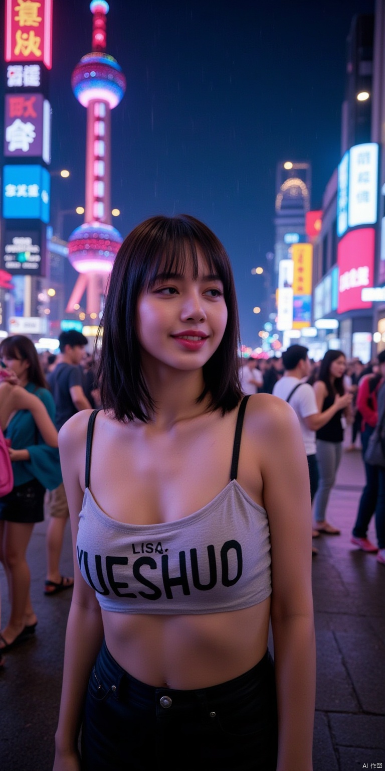 On the Shanghai Bund under the neon lights at night, with the Oriental Pearl Tower in the background, a beautiful woman looked at the audience with a smile in the drizzle. She was wearing a tight top with medium to large breasts. The letters "YUESHUO" were written on her chest. Her confidence was contagious to everyone.,Lisa