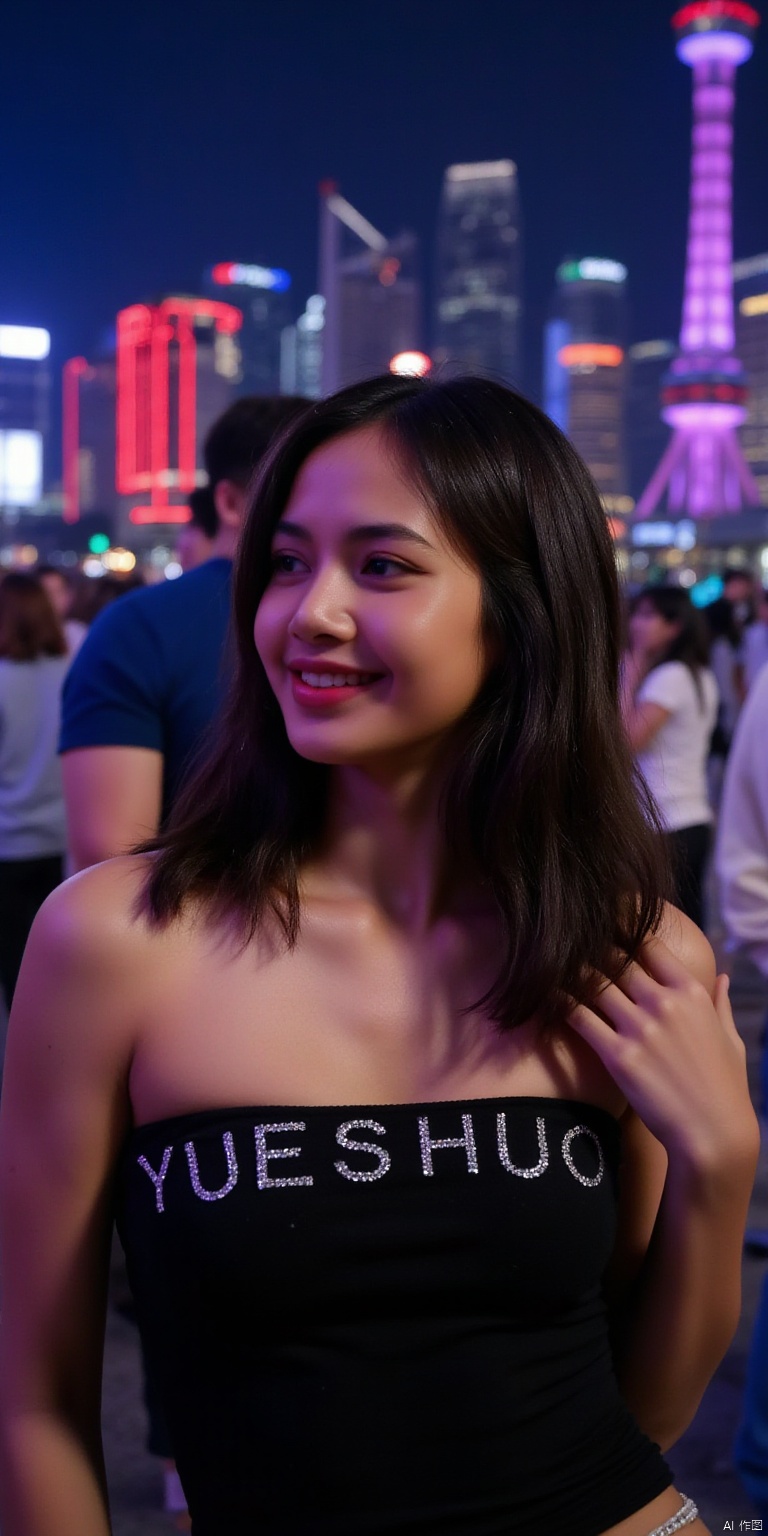 On the Shanghai Bund under the neon lights at night, with the Oriental Pearl Tower in the background, a beautiful woman looked at the audience with a smile in the drizzle. She was wearing a tight top with medium to large breasts. The letters "YUESHUO" were written on her chest. Her confidence was contagious to everyone.,Lisa
