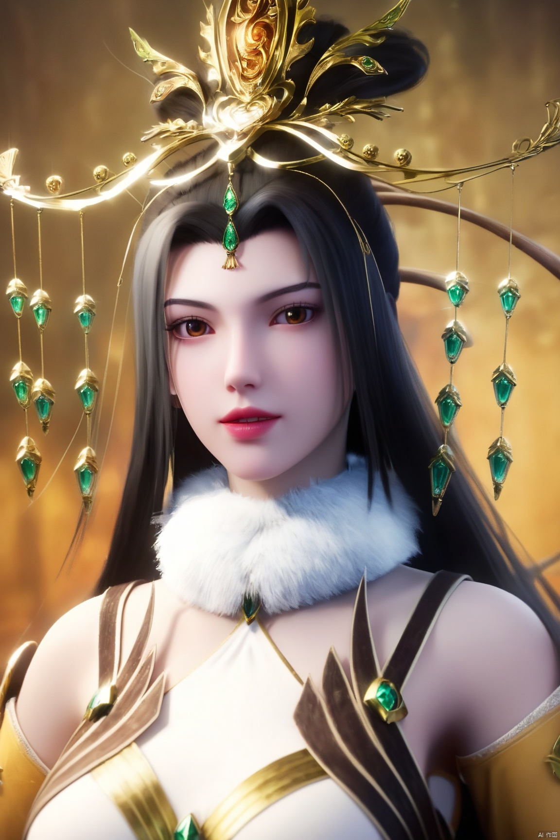 score_9, score_8_up, score_7_up,highly detailed digital, 
1girl, solo, long hair, breasts, looking at viewer, black hair, dress, bare shoulders, brown eyes, medium breasts, upper body, parted lips, lips, fur collar,
ultra detailed background,ultra detailed background,ultra realistic 8k cg, ,masterpiece,