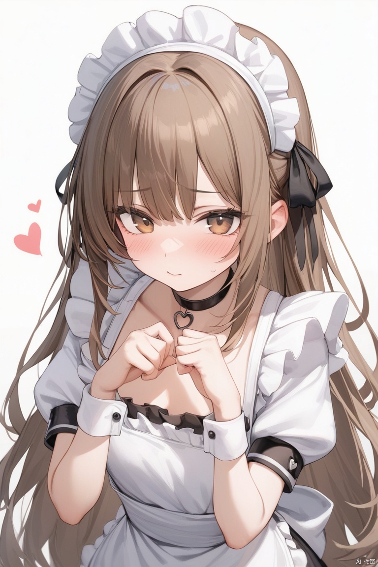1girl, solo, heart, long_hair, maid, black_ribbon, short_sleeves, simple_background, very_long_hair, puffy_sleeves, white_background, closed_mouth, wrist_cuffs, hair_ribbon, ribbon, brown_hair, puffy_short_sleeves, upper_body, apron, brown_eyes, blush, choker,Masterpiece,Best quality,Extremely detailed