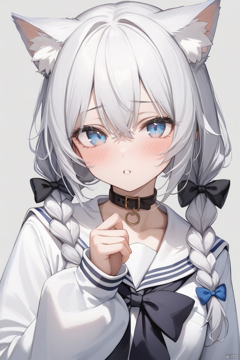 1girl, solo, long hair, looking at viewer, blush, bangs, blue eyes, simple background, shirt, long sleeves, bow, animal ears, hair between eyes, twintails, school uniform, white shirt, upper body, braid, white hair, hair bow, parted lips, serafuku, puffy sleeves, cat ears, hand up, sailor collar, grey background, twin braids, animal ear fluff, sleeves past wrists, black bow, low twintails, blue bow, puffy long sleeves, white sailor collar
,Masterpiece,Best quality,Extremely detailed