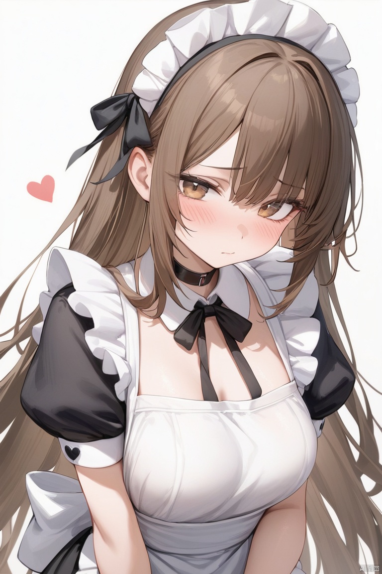 1girl, solo, heart, long_hair, maid, black_ribbon, short_sleeves, simple_background, very_long_hair, puffy_sleeves, white_background, closed_mouth, wrist_cuffs, hair_ribbon, ribbon, brown_hair, puffy_short_sleeves, upper_body, apron, brown_eyes, blush, choker,Masterpiece,Best quality,Extremely detailed