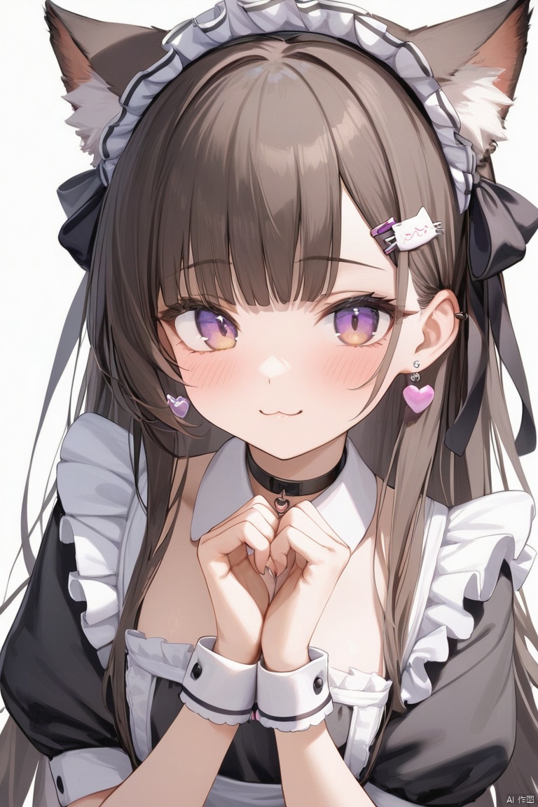 1girl, solo, long hair, looking at viewer, blush, smile, bangs, simple background, brown hair, black hair, hair ornament, white background, dress, ribbon, animal ears, brown eyes, jewelry, very long hair, closed mouth, purple eyes, hair ribbon, short sleeves, heart, earrings, frills, choker, hairclip, puffy sleeves, cat ears, apron, black dress, puffy short sleeves, animal ear fluff, wrist cuffs, maid, hands up, black ribbon, :3, black choker, own hands together, cat girl, white apron, maid apron, frilled apron, collared dress
,Masterpiece,Best quality,Extremely detailed