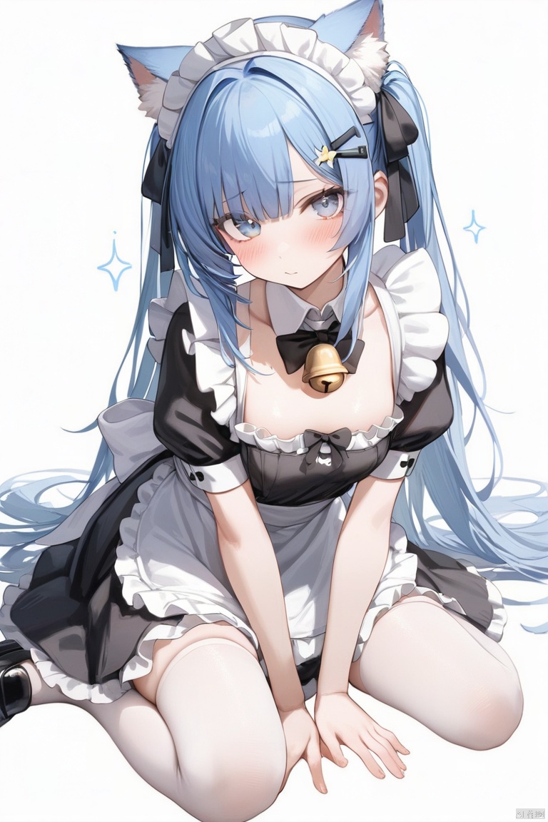 1girl, solo, long hair, looking at viewer, blush, bangs, blue eyes, simple background, hair ornament, white background, dress, bow, ribbon, animal ears, closed mouth, blue hair, frills, hairclip, cat ears, apron, black dress, collar, maid, maid headdress, sparkle, bell, detached collar, white apron, jingle bell, neck bell, maid apron, white collar,Masterpiece,Best quality,Extremely detailed,White stockings,full body,cute,Black shoes